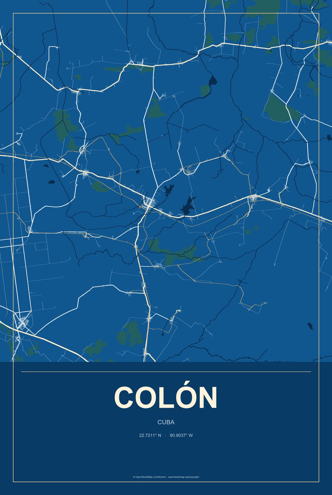 Colón, Cuba City Map Aluminum Sign in Harbor Cobalt style