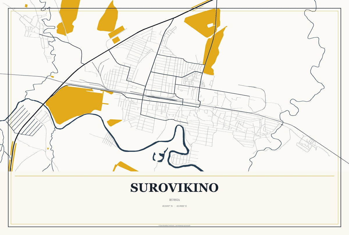 Surovikino, Russia City Map Aluminum Sign in Citrine Modern style