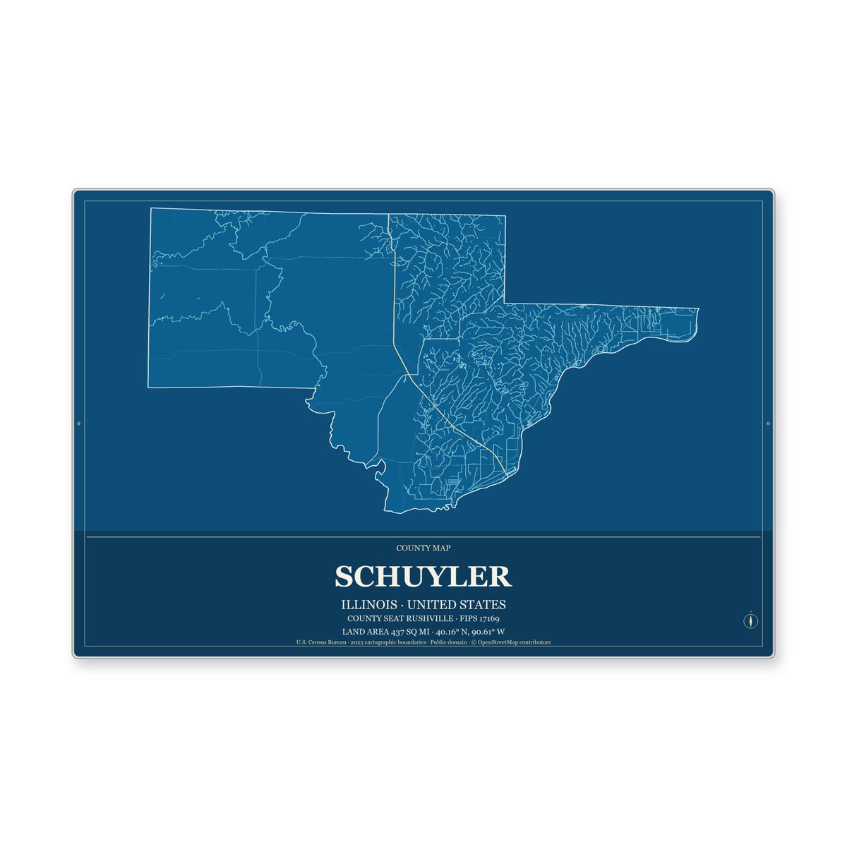 Schuyler County, Illinois Map Aluminum Sign in Harbor Cobalt style