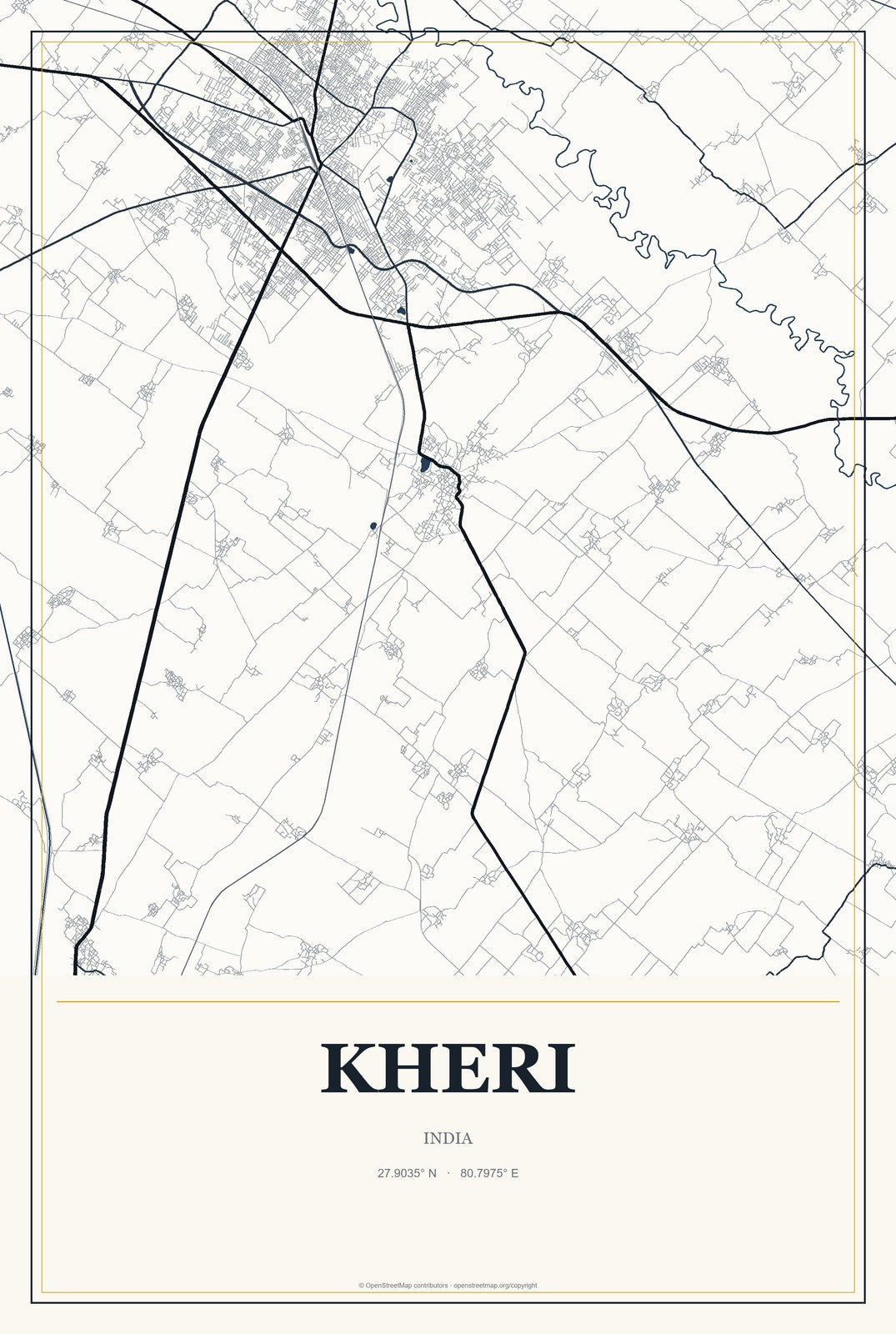 Kheri, India City Map Aluminum Sign in Citrine Modern style
