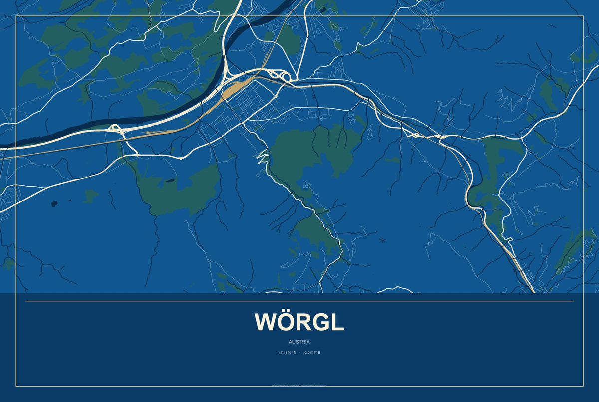 Wörgl, Austria City Map Aluminum Sign in Harbor Cobalt style