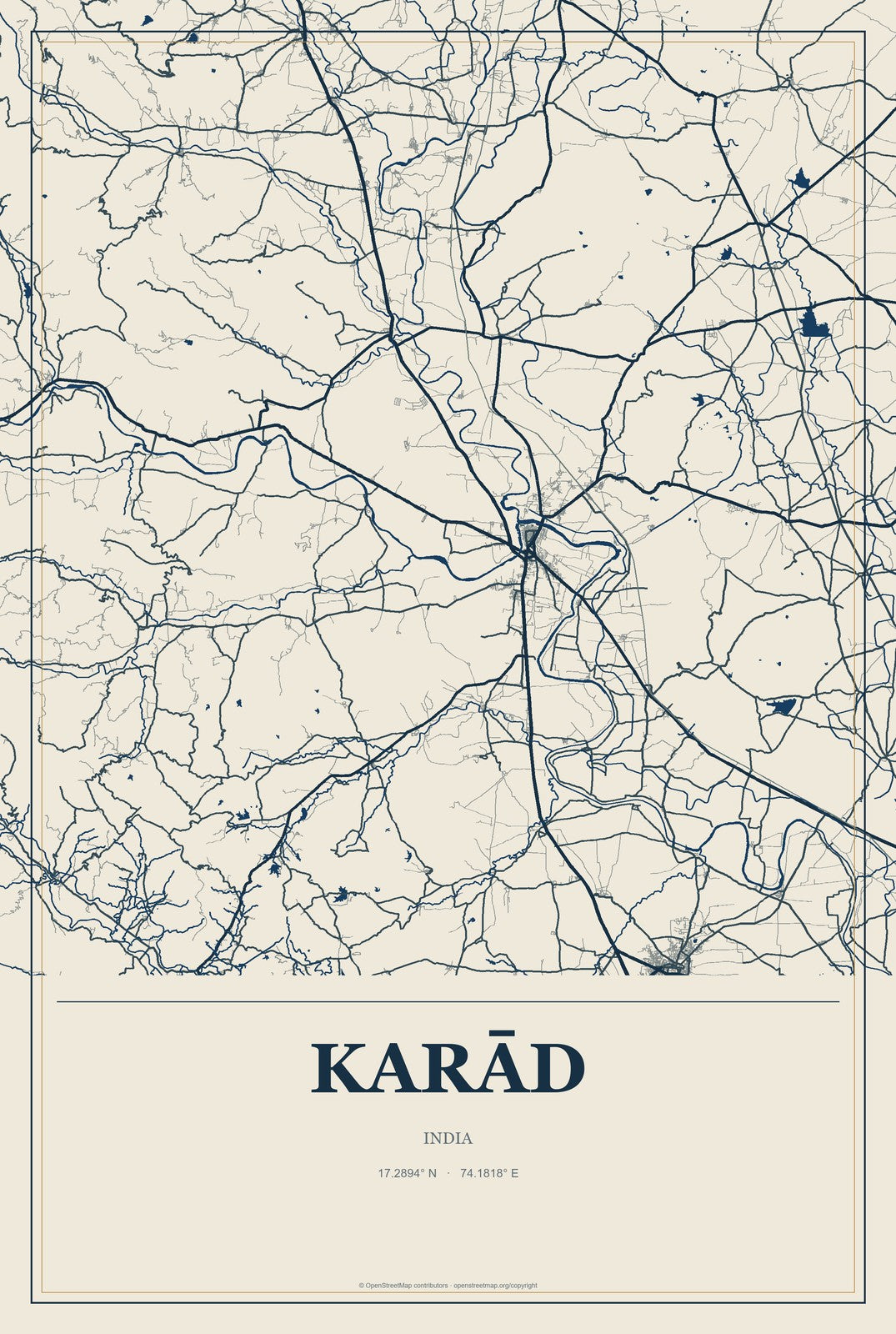 Karād, India City Map Aluminum Sign in Coastal Cutout style
