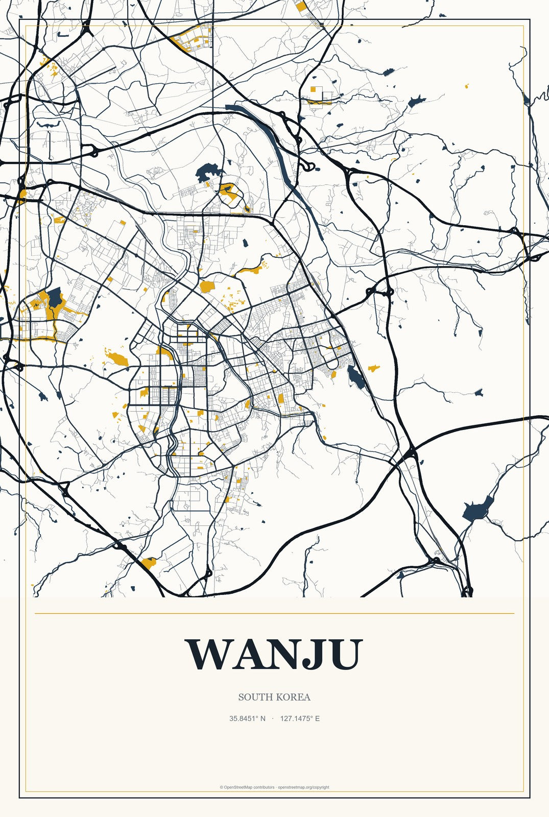 Wanju, South Korea City Map Aluminum Sign in Citrine Modern style