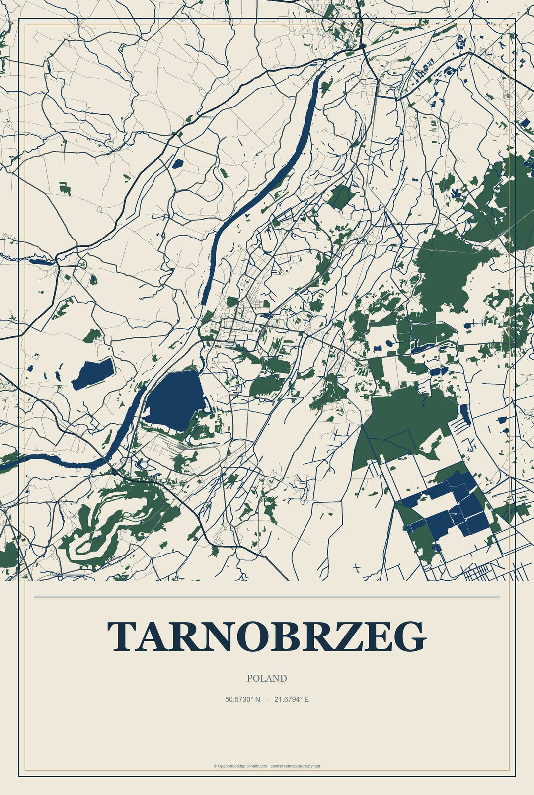 Tarnobrzeg, Poland City Map Aluminum Sign in Coastal Cutout style