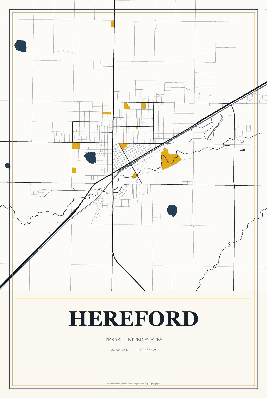 Hereford, Texas City Map Aluminum Sign in Citrine Modern style