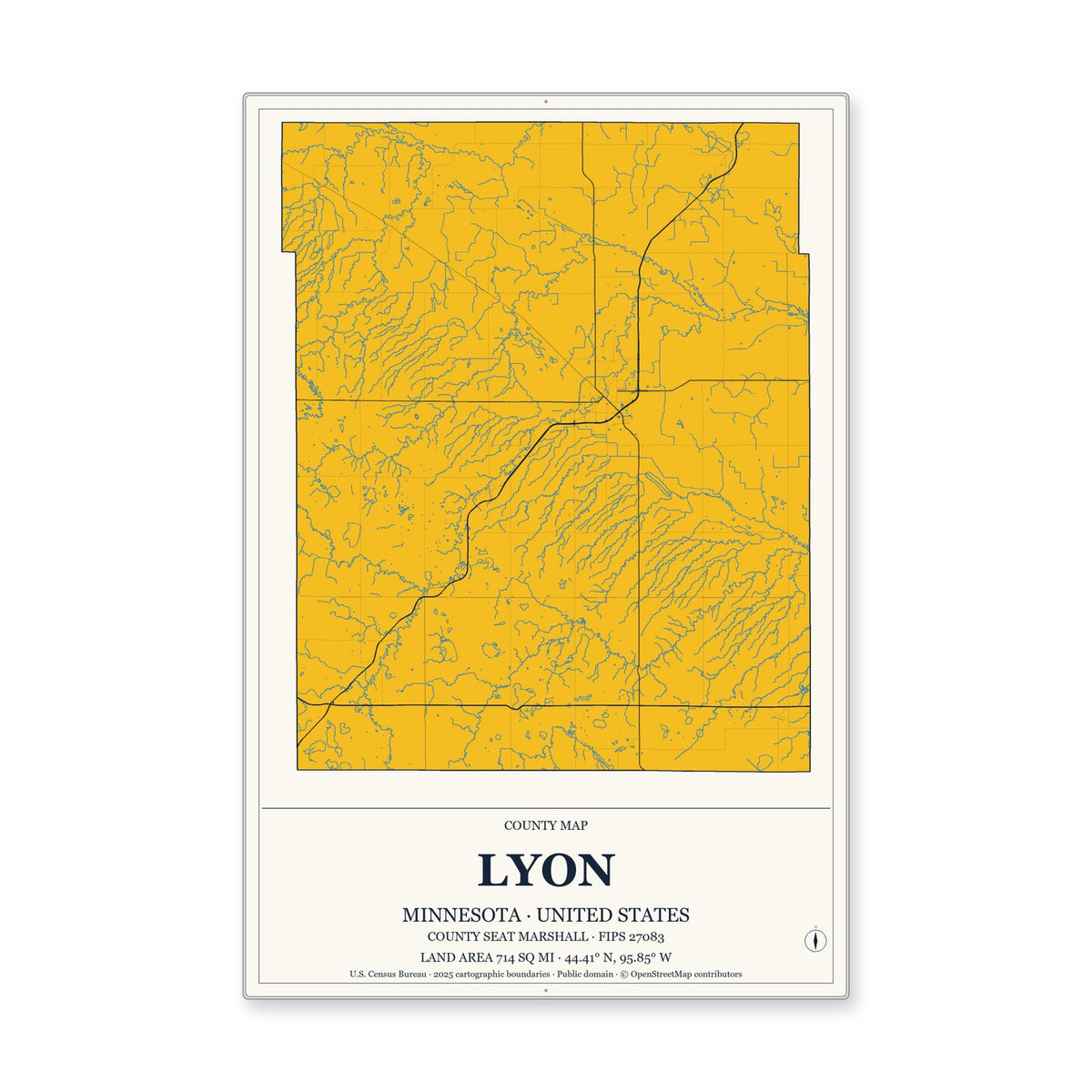 Lyon County, Minnesota Map Aluminum Sign in Citrine Modern style