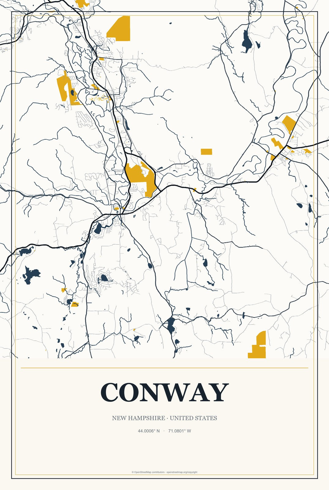 Conway, New Hampshire City Map Aluminum Sign in Citrine Modern style