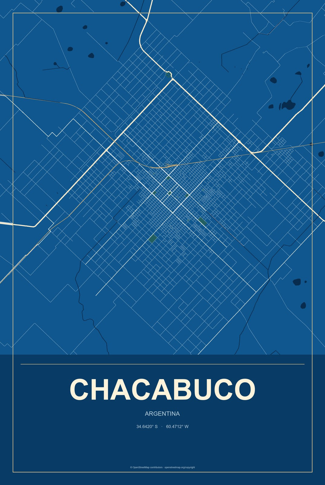 Chacabuco, Argentina City Map Aluminum Sign in Harbor Cobalt style