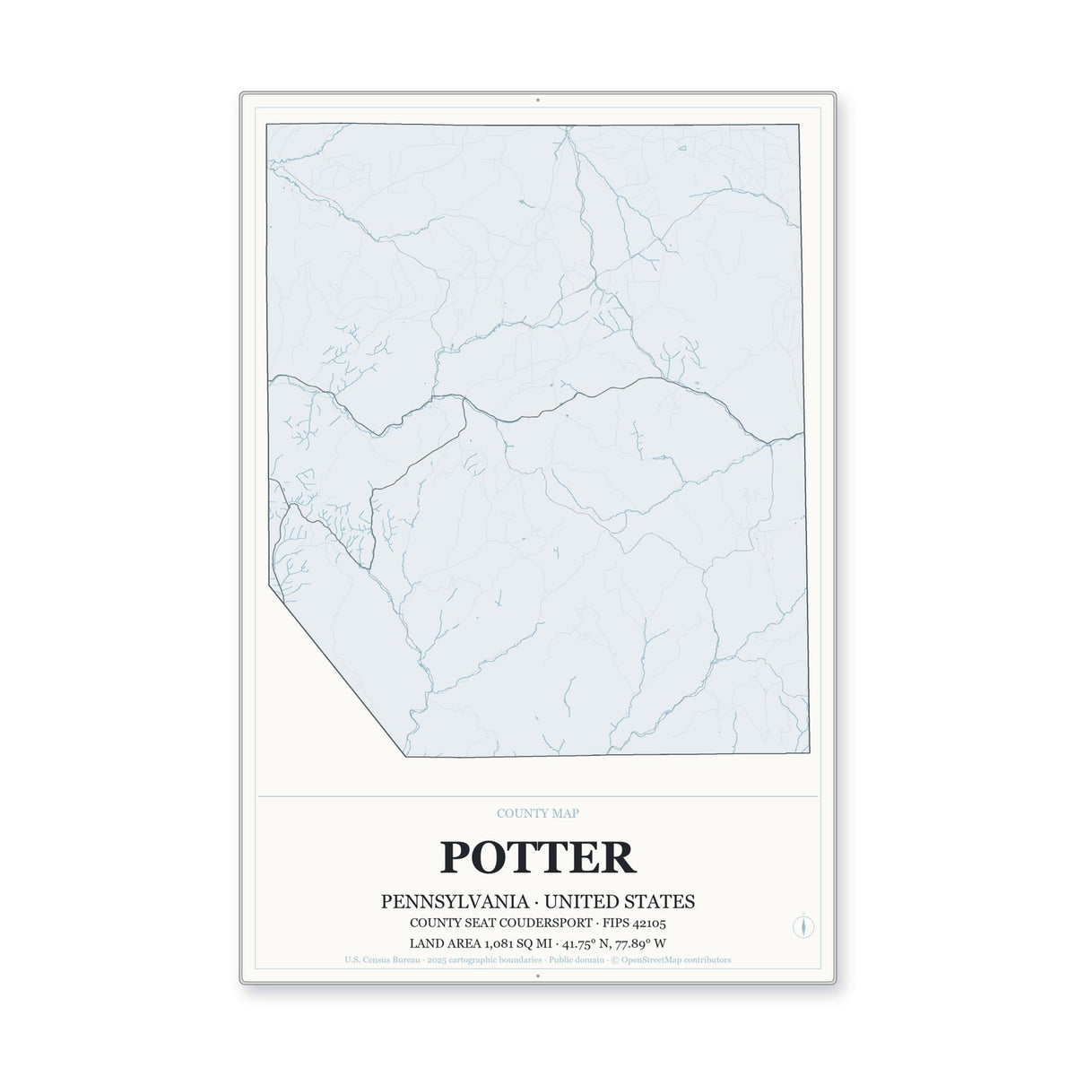 Potter County, Pennsylvania Map Aluminum Sign in Gallery Air style