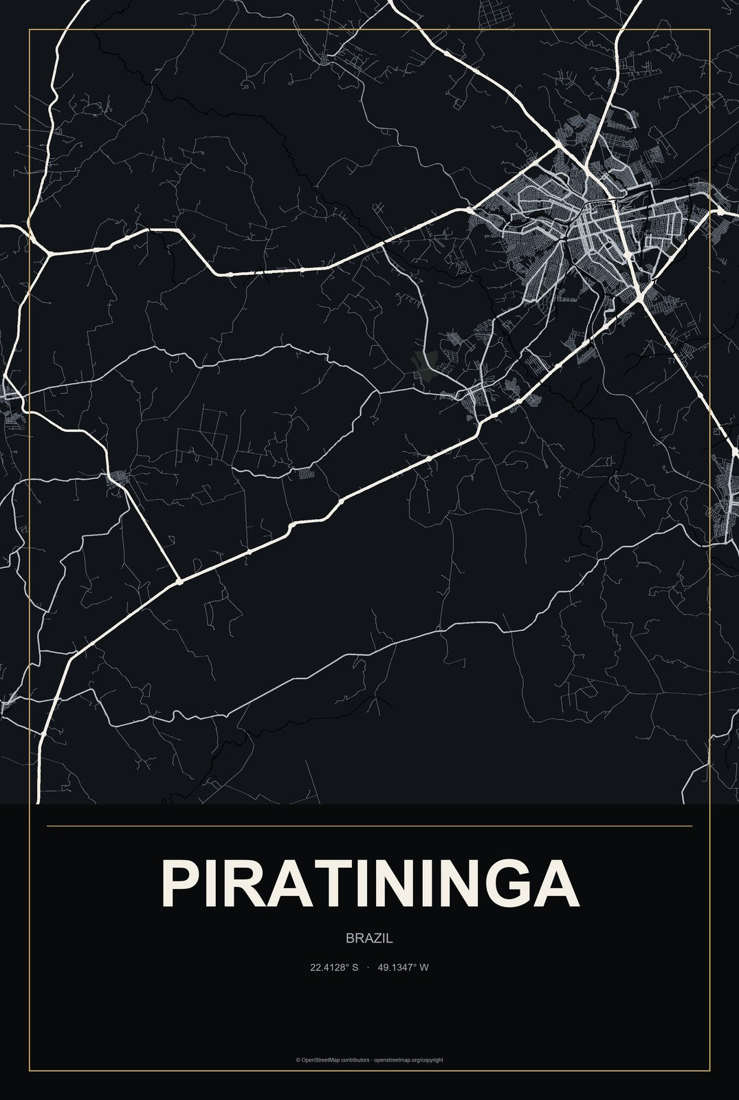 Piratininga, Brazil City Map Aluminum Sign in Metropolitan Noir style