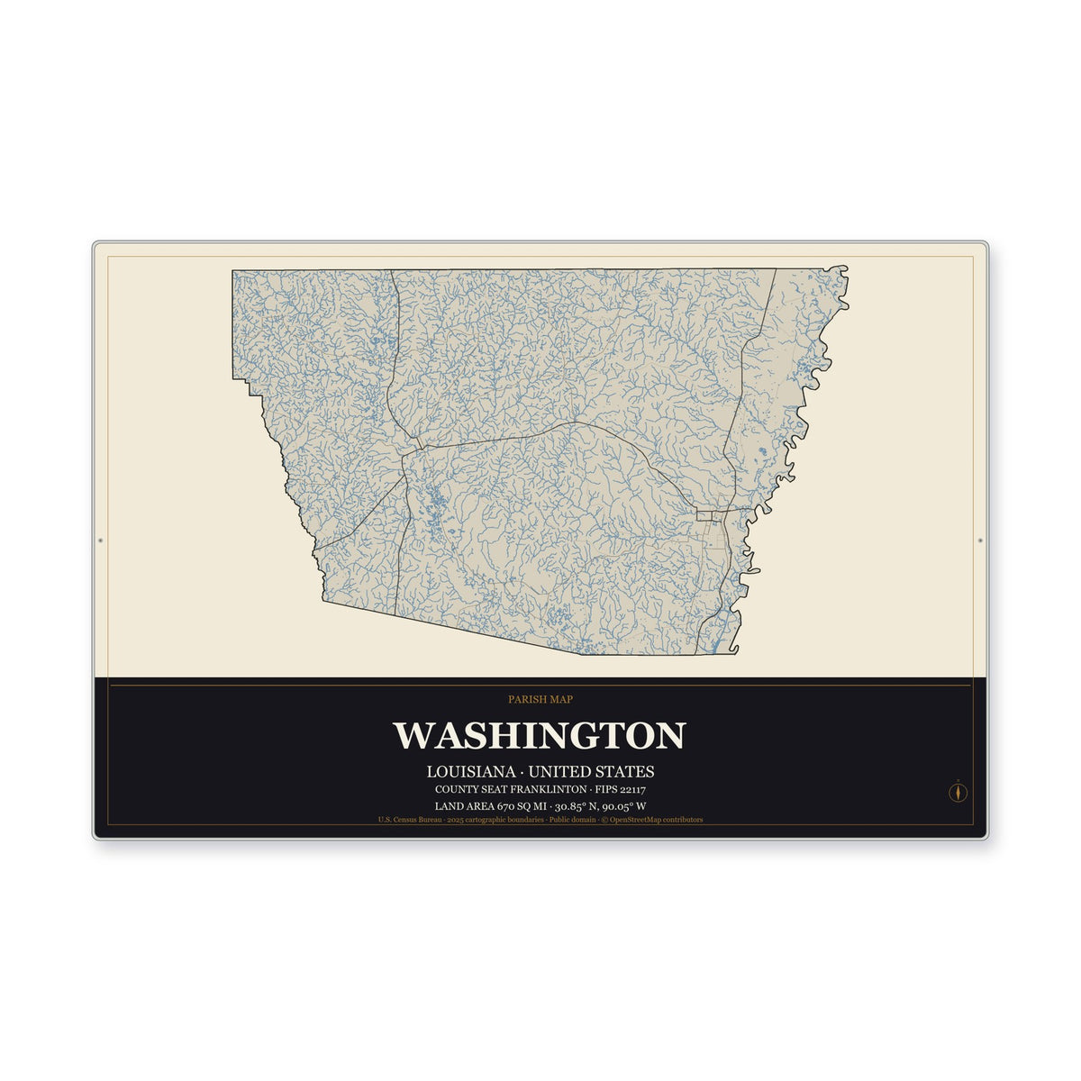 Washington Parish, Louisiana Map Aluminum Sign in Museum Plaque style