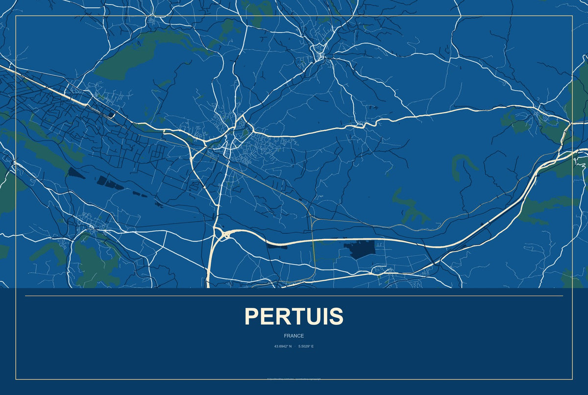 Pertuis, France City Map Aluminum Sign in Harbor Cobalt style
