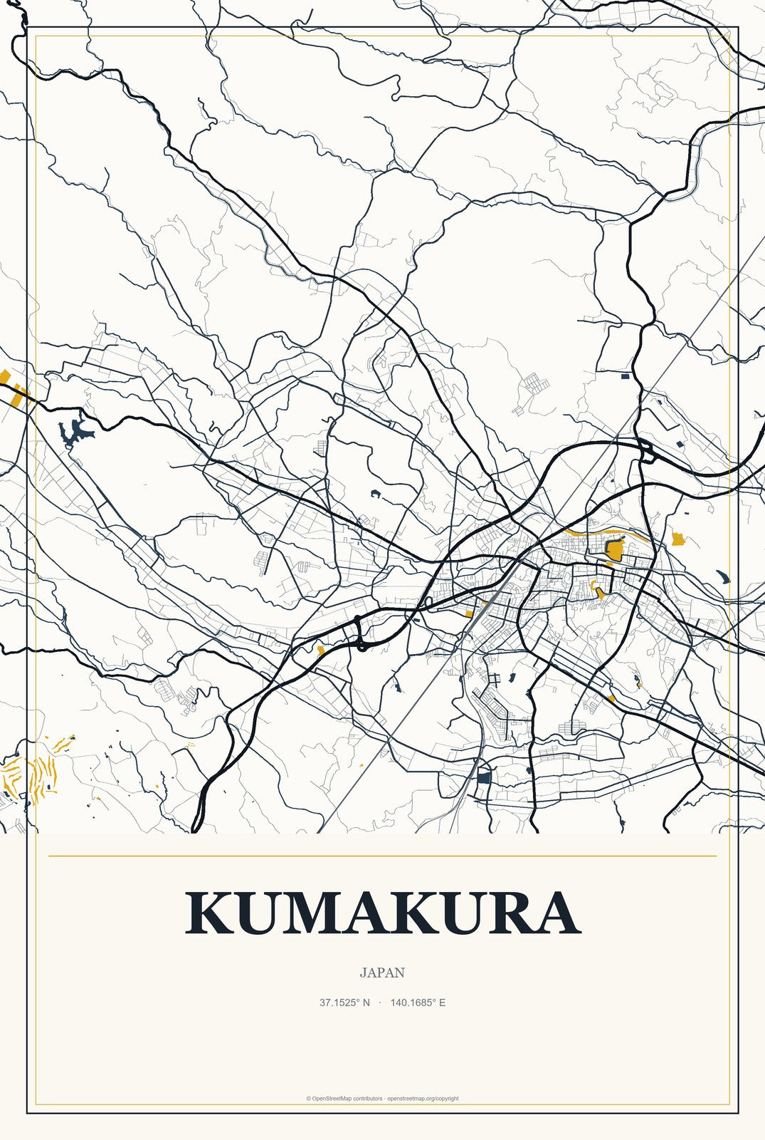 Kumakura, Japan City Map Aluminum Sign in Citrine Modern style
