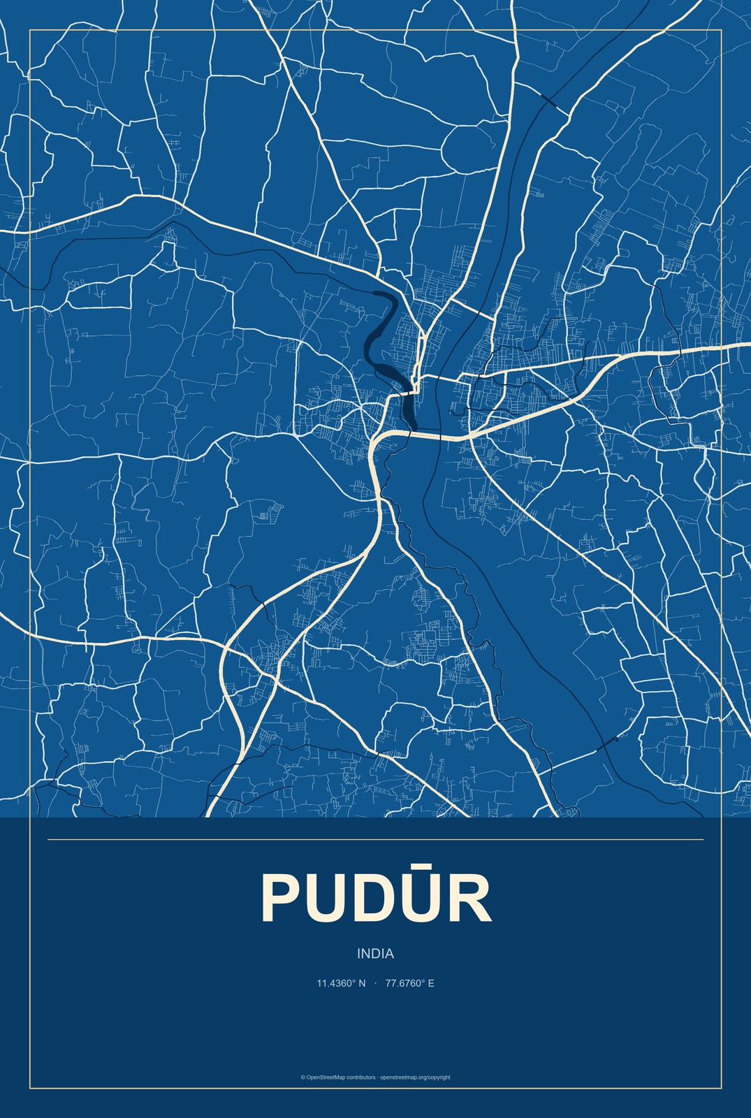 Pudūr, India City Map Aluminum Sign in Harbor Cobalt style