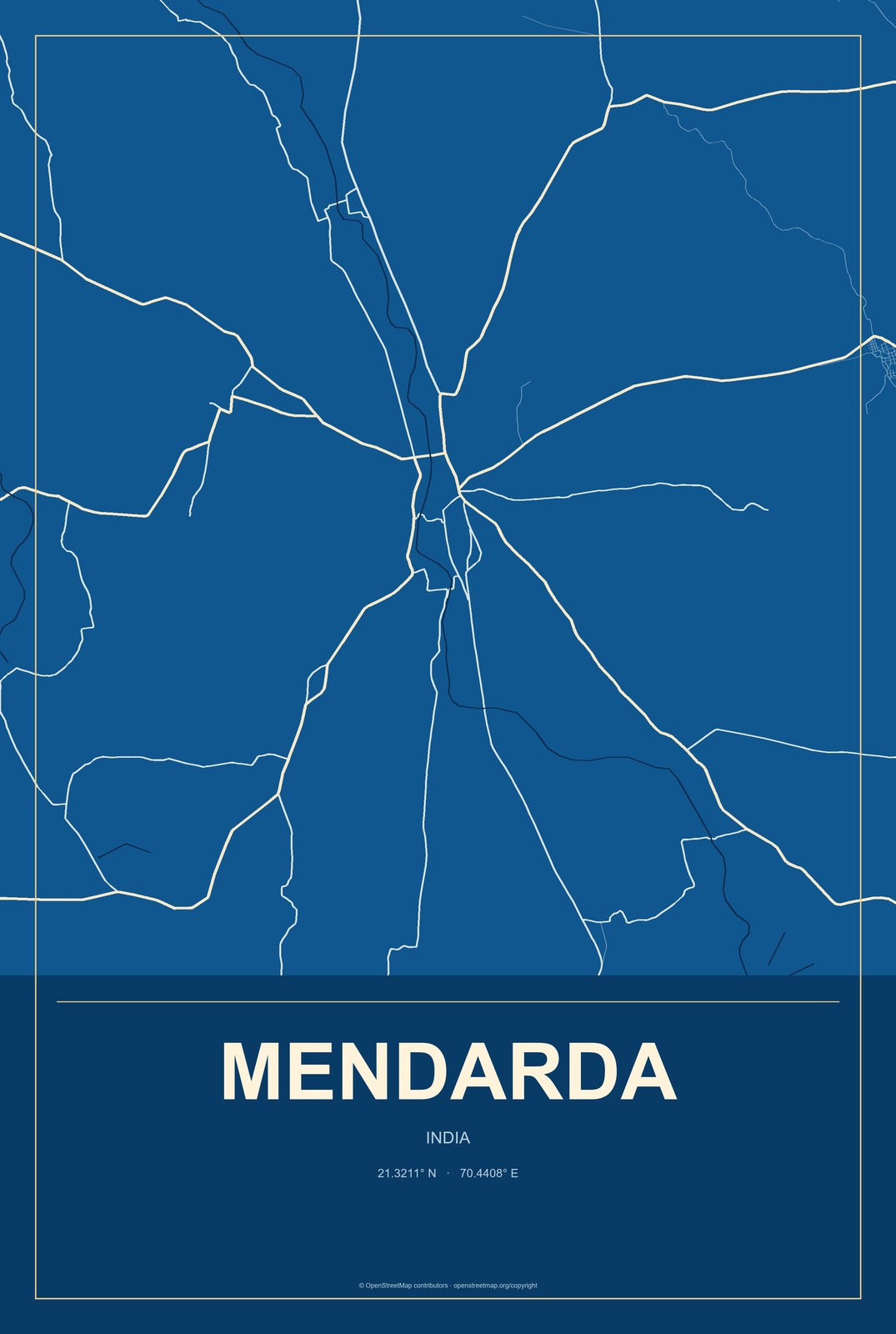 Mendarda, India City Map Aluminum Sign in Harbor Cobalt style