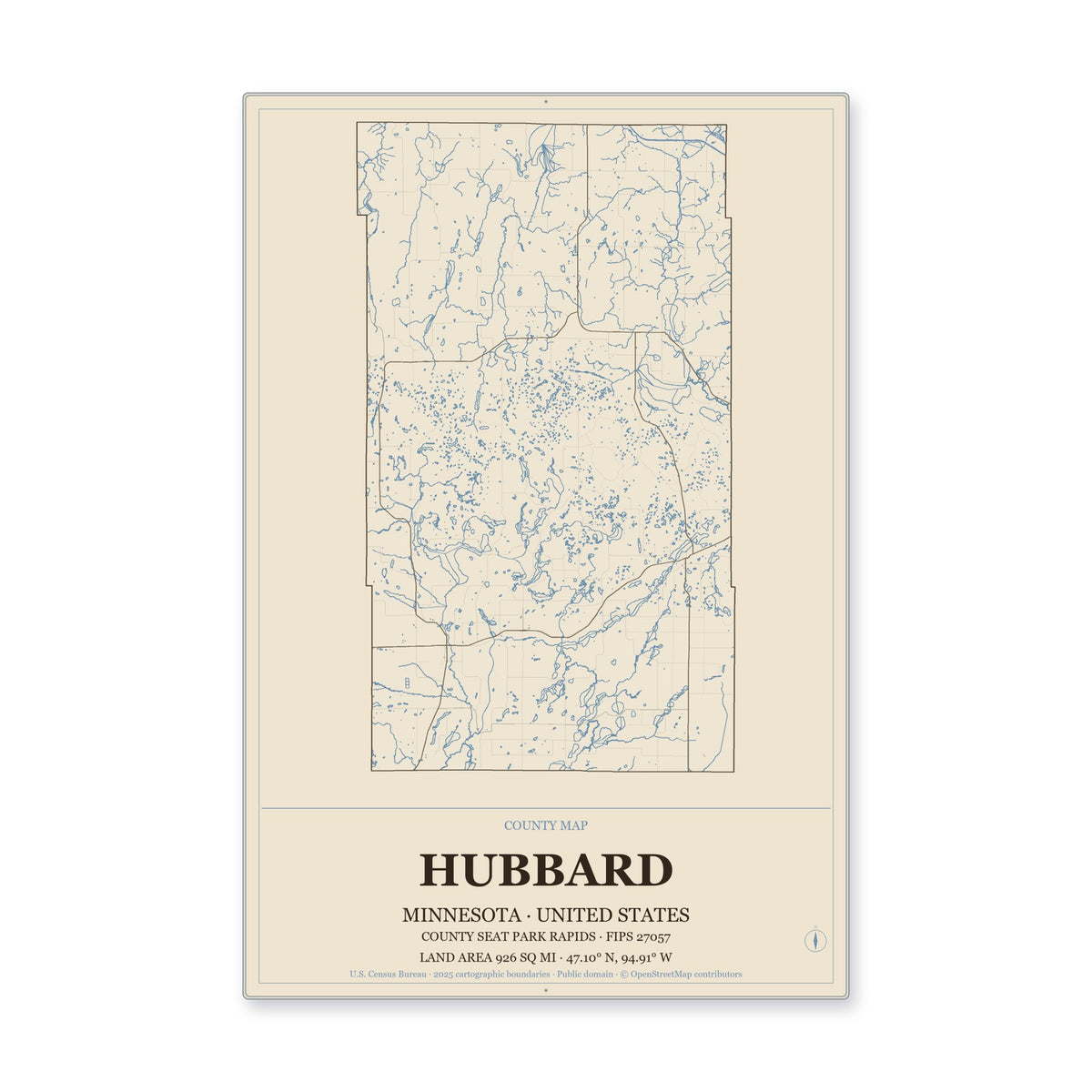 Hubbard County, Minnesota Map Aluminum Sign in Heritage Nautical style