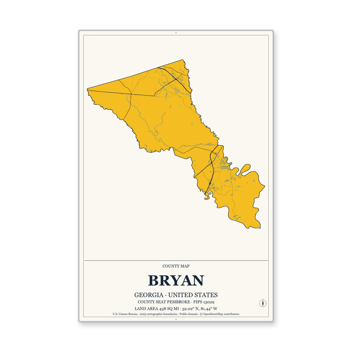 Bryan County, Georgia Map Aluminum Sign in Citrine Modern style