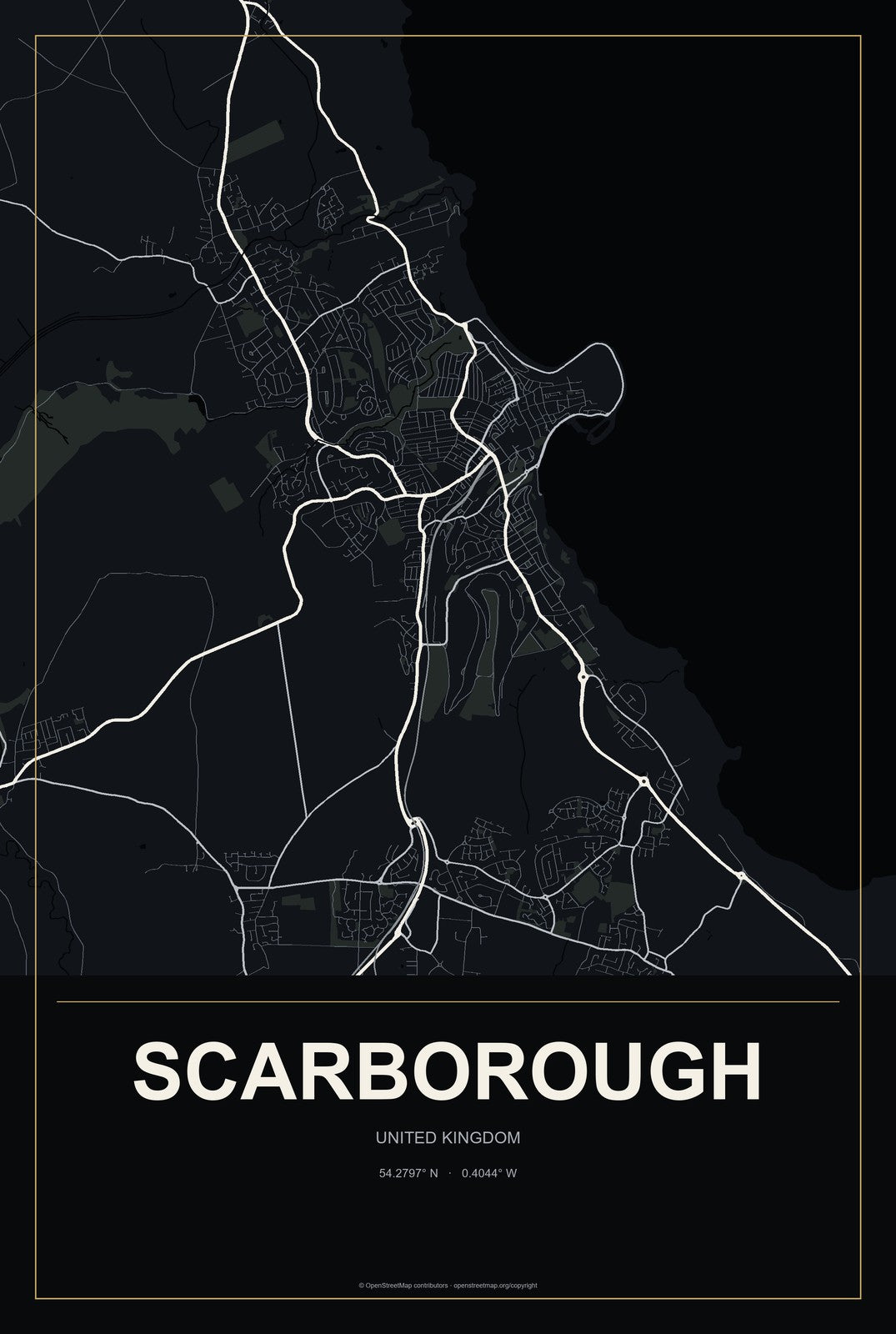 Scarborough, United Kingdom City Map Aluminum Sign in Metropolitan Noir style