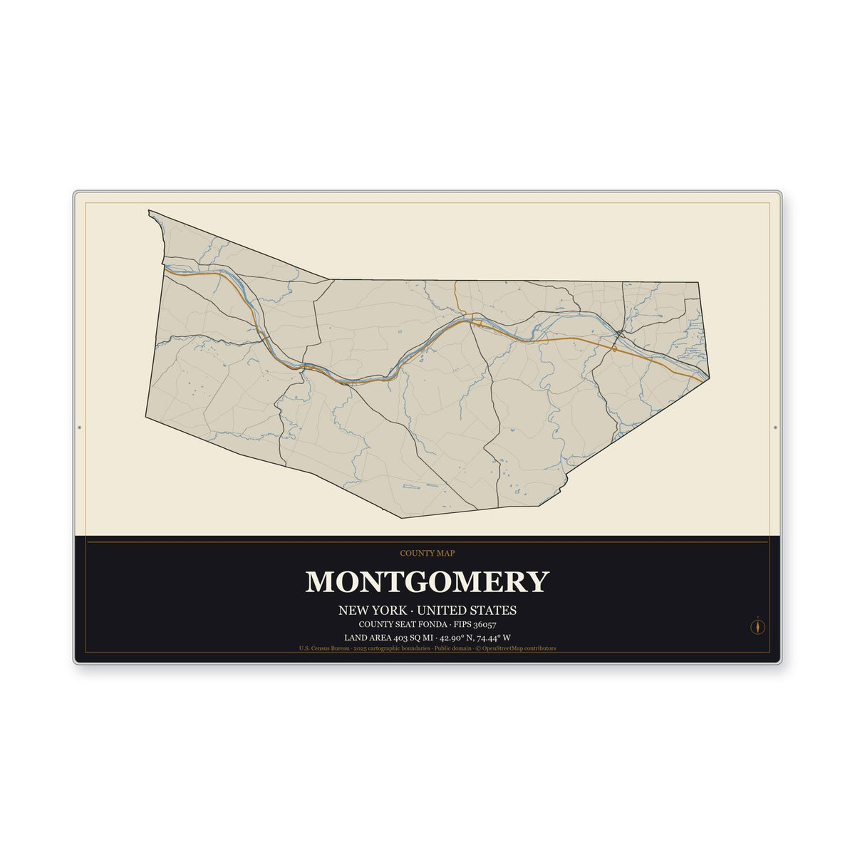 Montgomery County, New York Map Aluminum Sign in Museum Plaque style