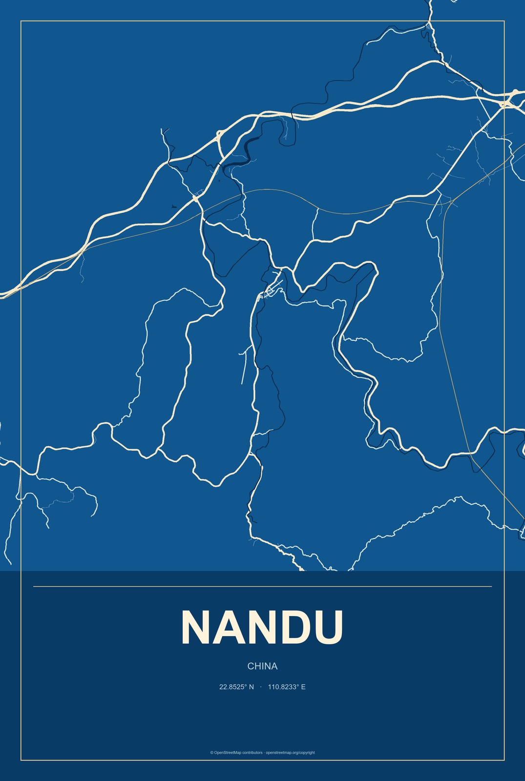 Nandu, China City Map Aluminum Sign in Harbor Cobalt style