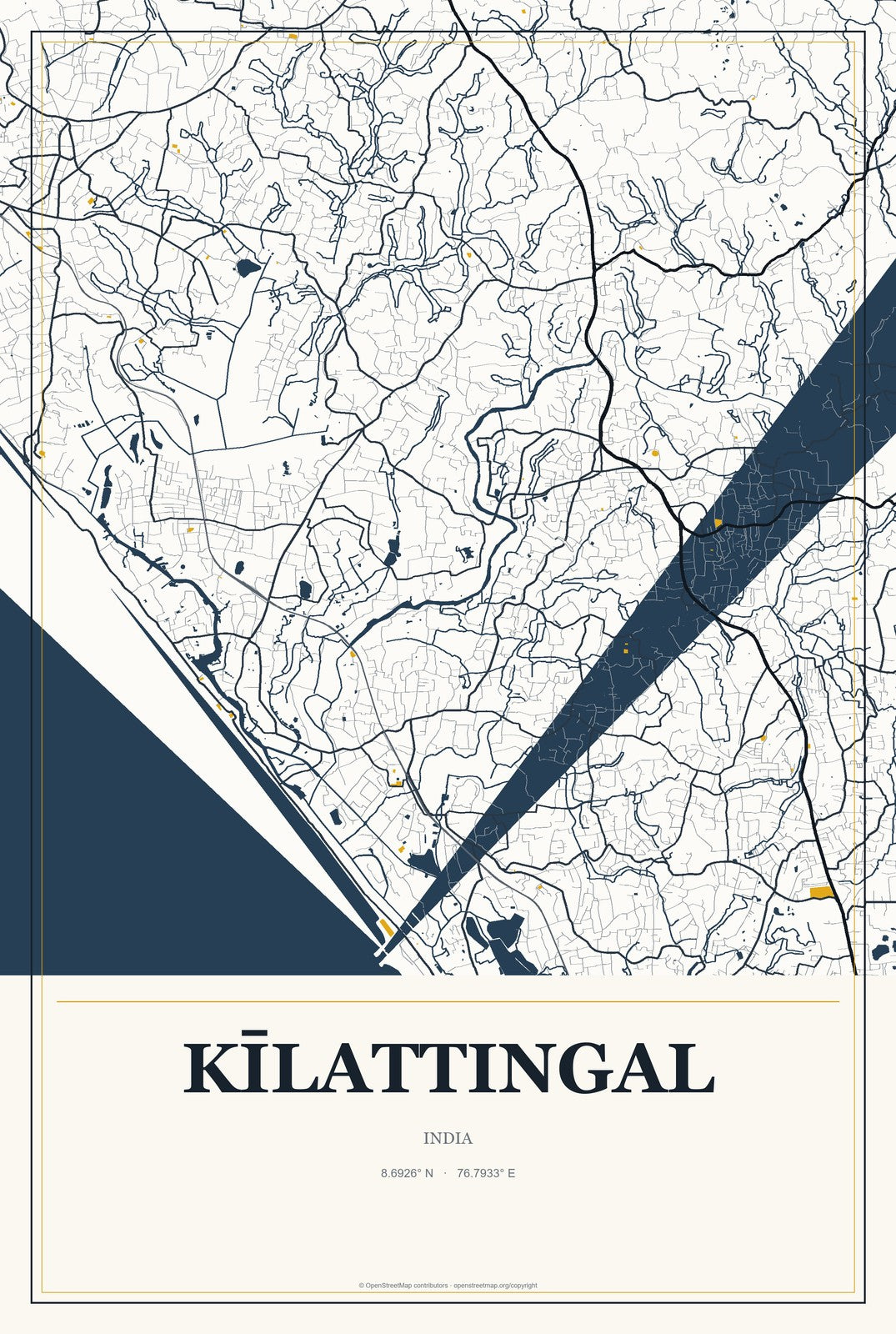 Kīlattingal, India City Map Aluminum Sign in Citrine Modern style
