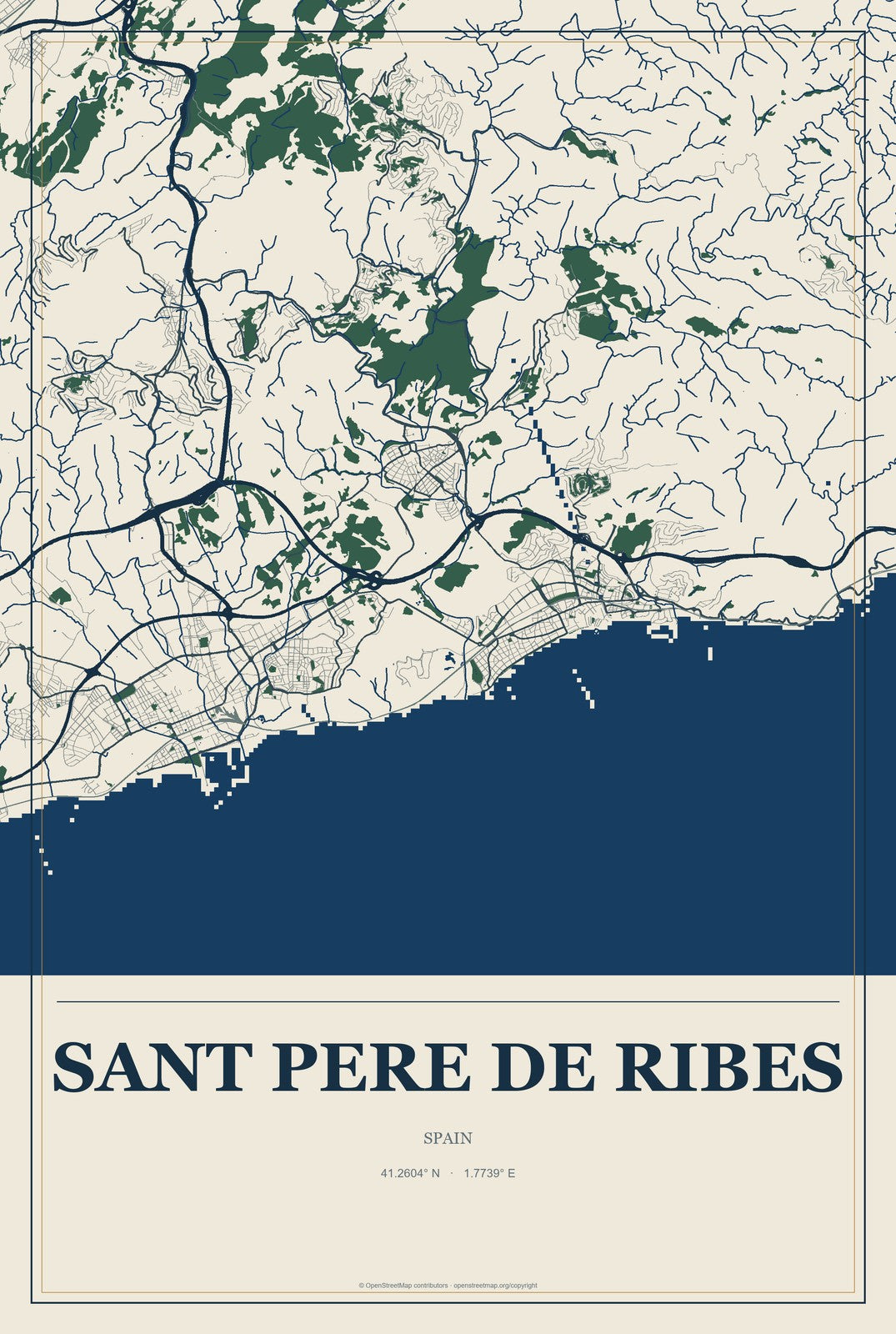 Sant Pere de Ribes, Spain City Map Aluminum Sign in Coastal Cutout style
