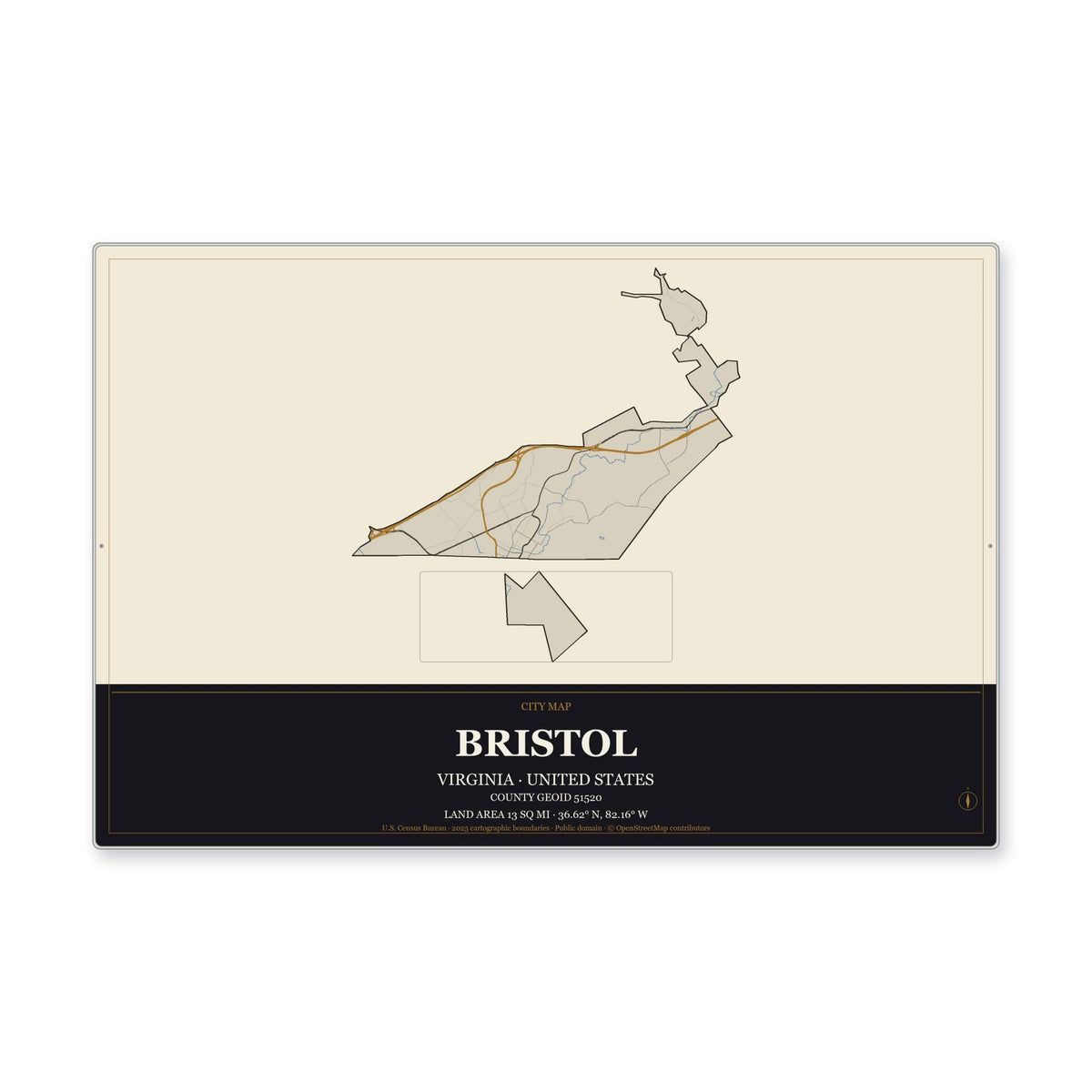 Bristol city, Virginia Map Aluminum Sign in Museum Plaque style