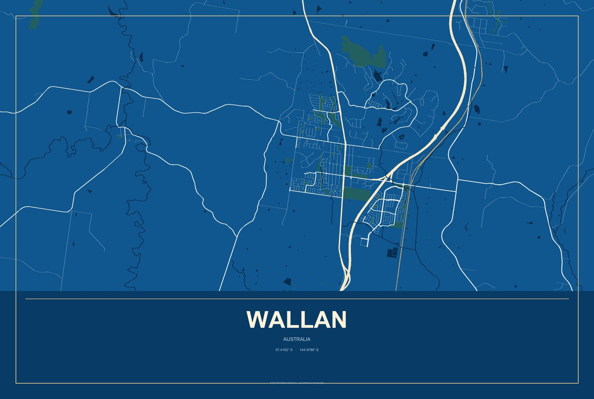 Wallan, Australia City Map Aluminum Sign in Harbor Cobalt style