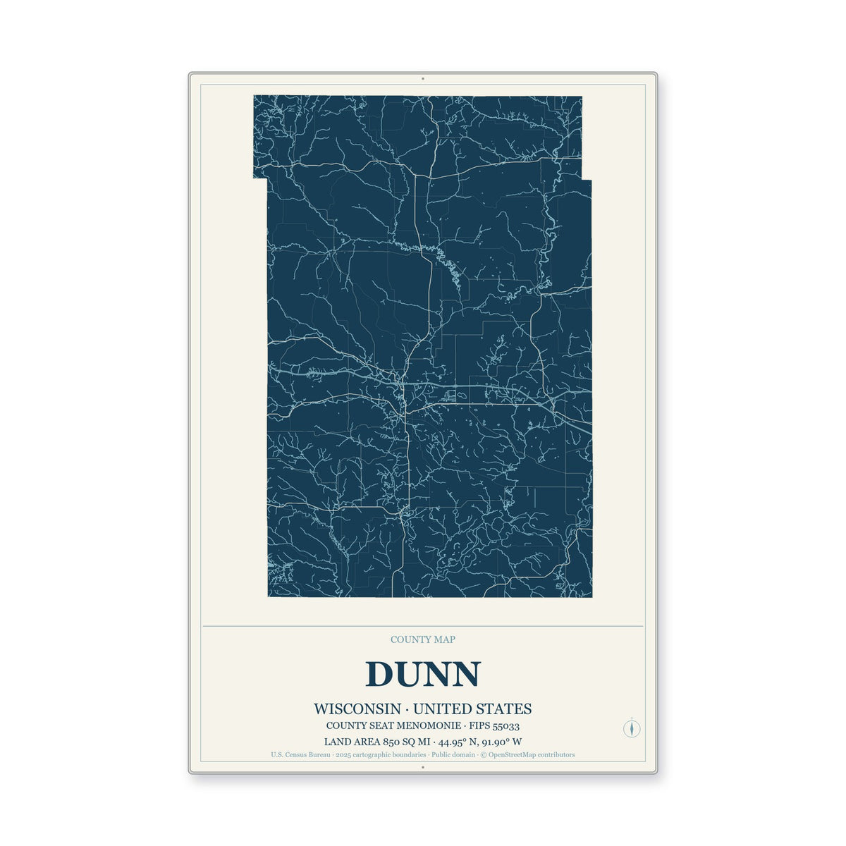 Dunn County, Wisconsin Map Aluminum Sign in Coastal Cutout style