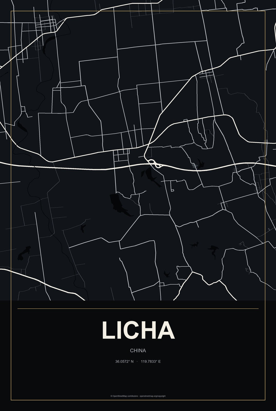Licha, China City Map Aluminum Sign in Metropolitan Noir style