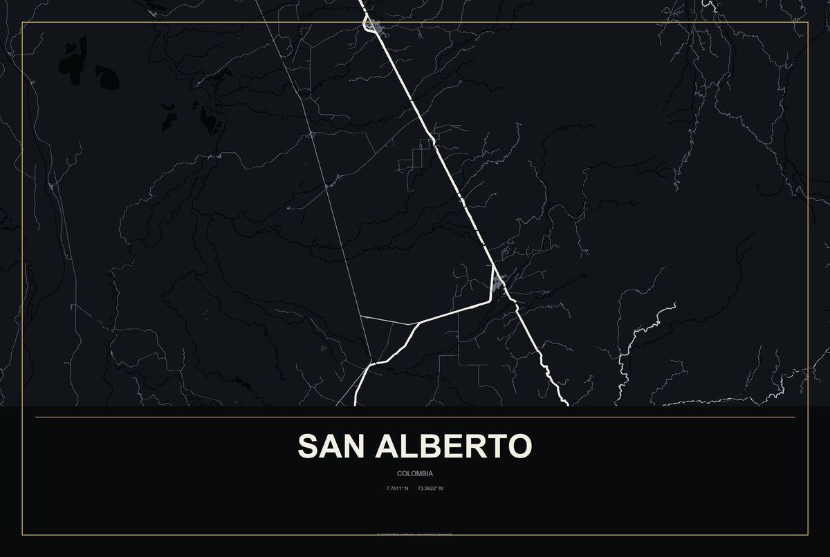 San Alberto, Colombia City Map Aluminum Sign in Metropolitan Noir style
