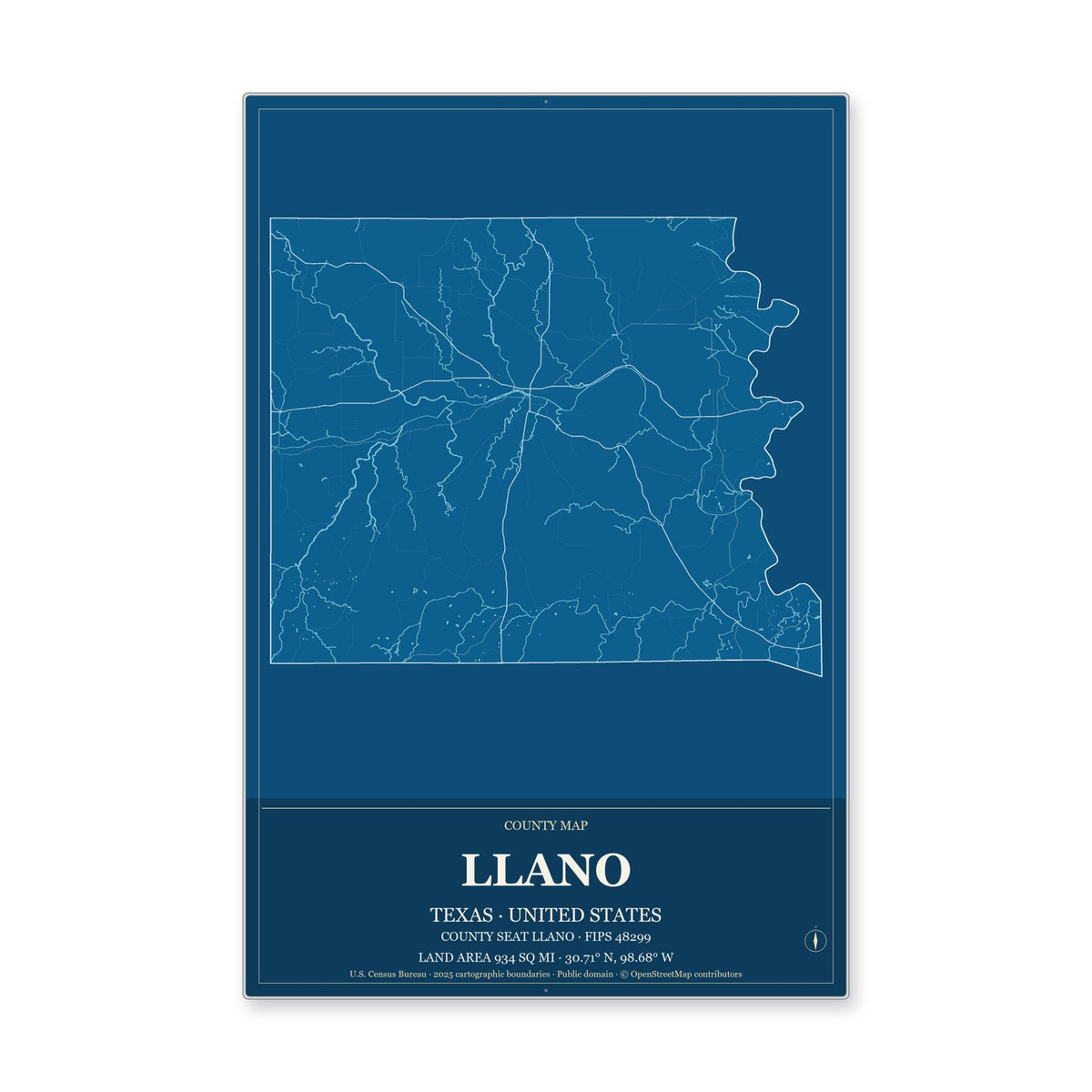 Llano County, Texas Map Aluminum Sign in Harbor Cobalt style
