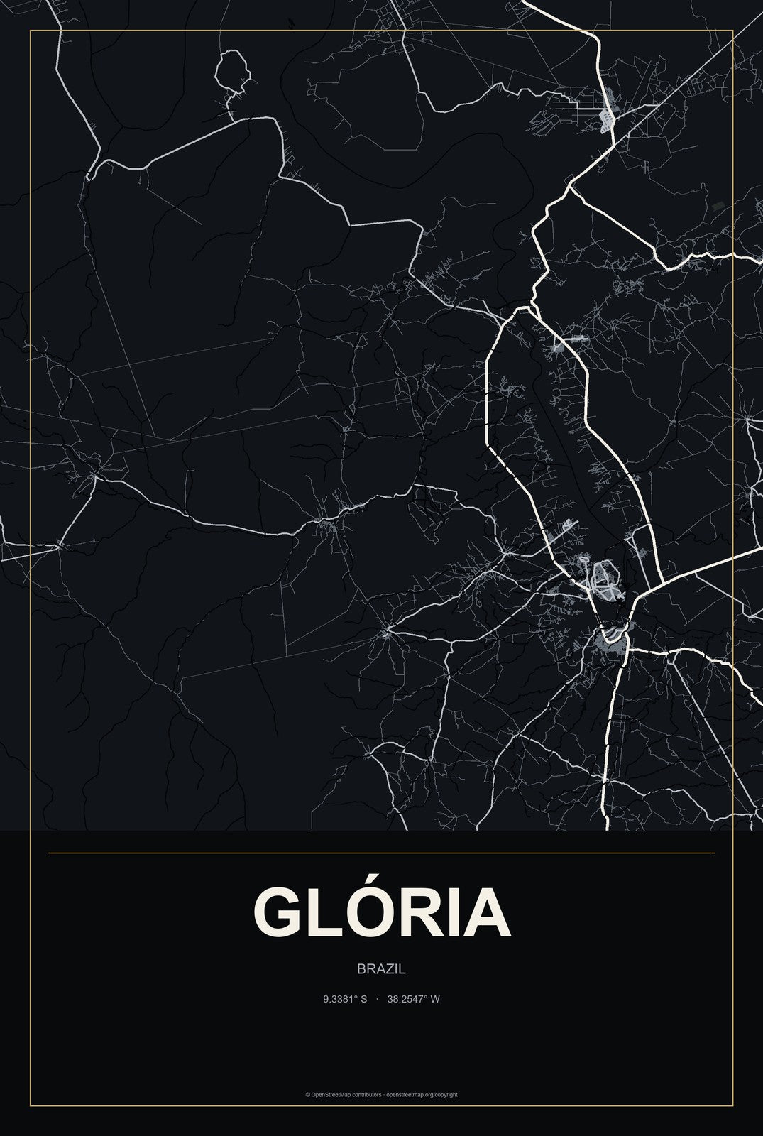 Glória, Brazil City Map Aluminum Sign in Metropolitan Noir style