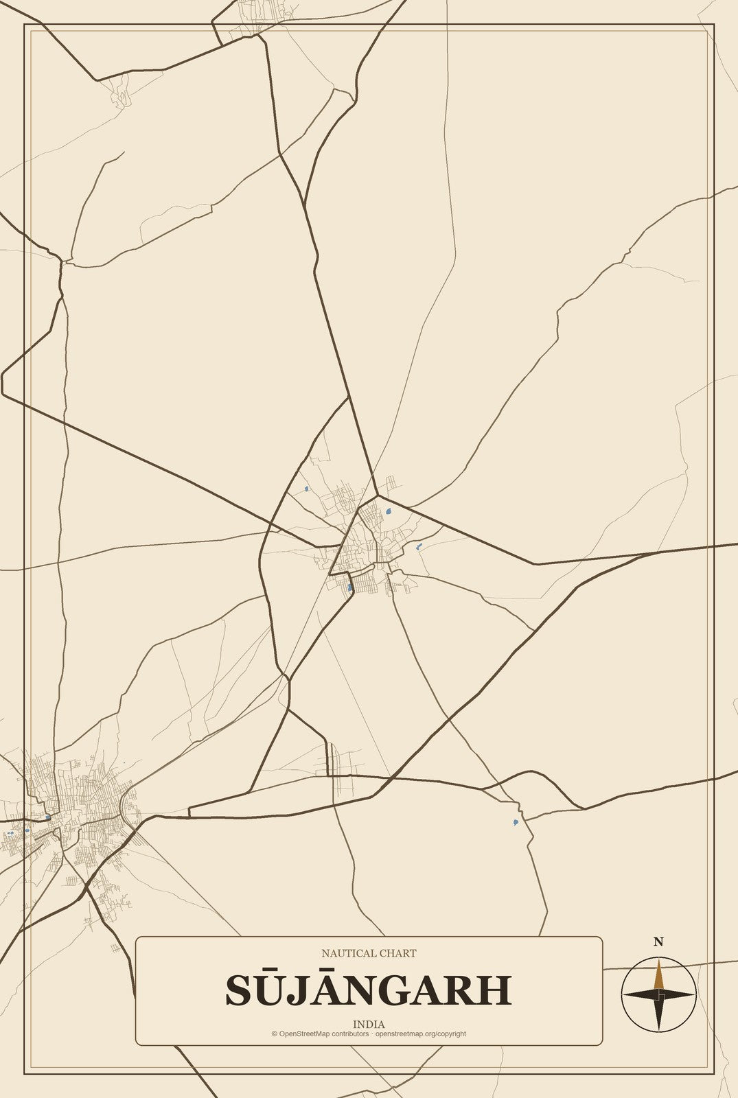 Sūjāngarh, India City Map Aluminum Sign in Heritage Nautical style