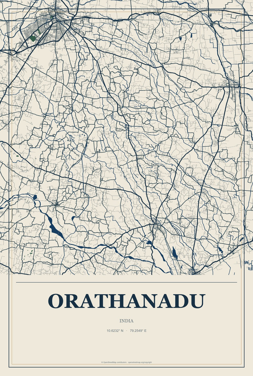 Orathanadu, India City Map Aluminum Sign in Coastal Cutout style
