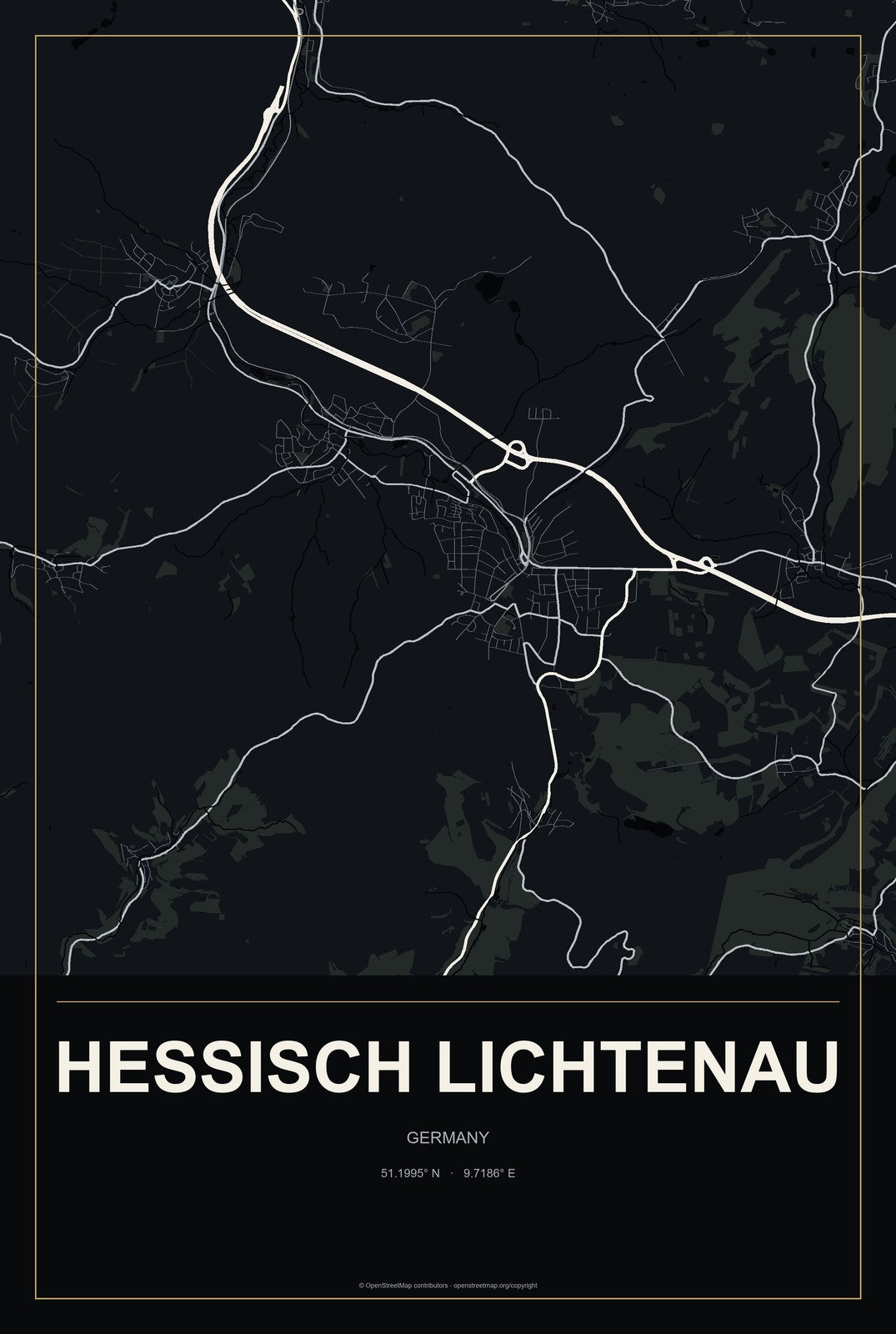 Hessisch Lichtenau, Germany City Map Aluminum Sign in Metropolitan Noir style