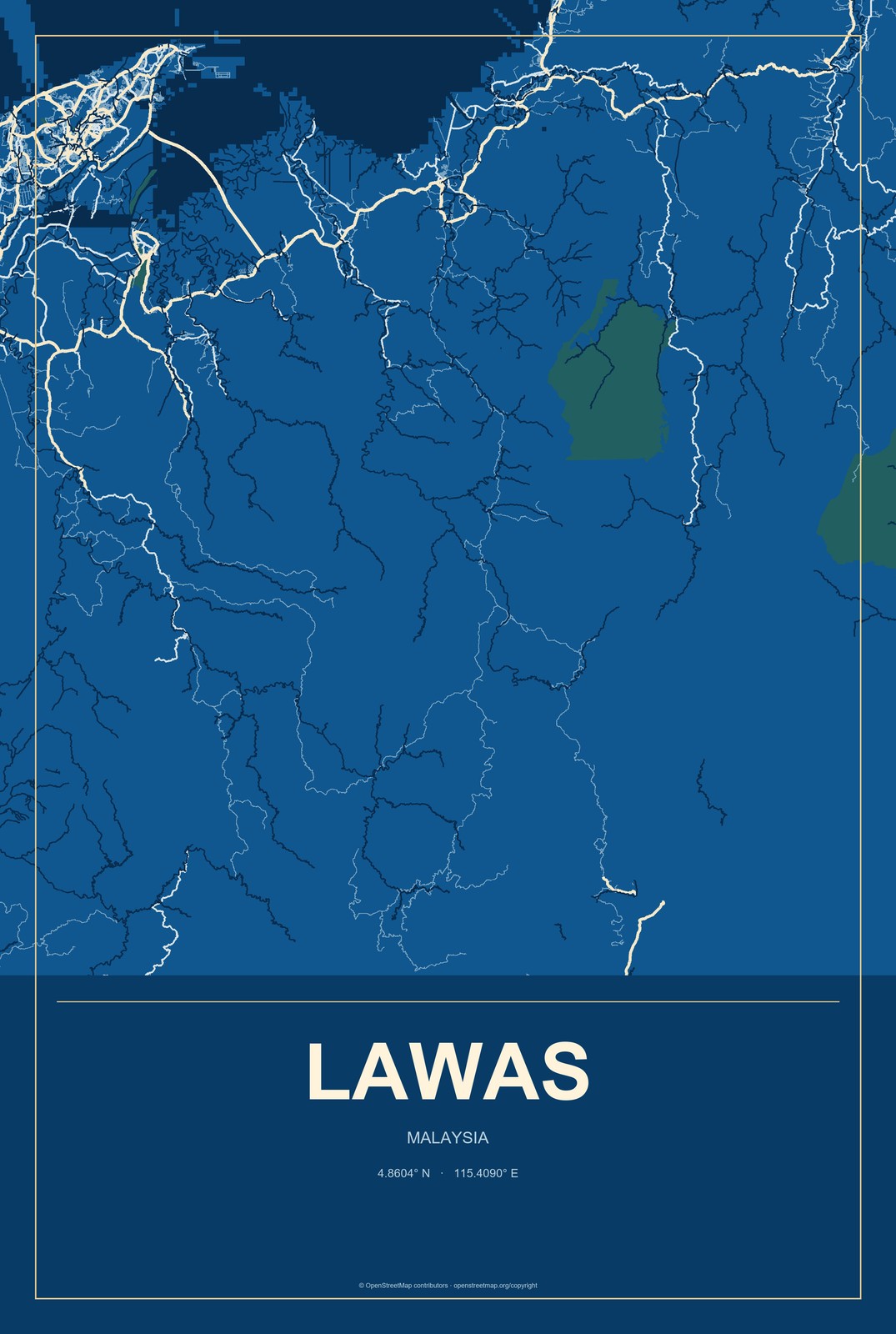 Lawas, Malaysia City Map Aluminum Sign in Harbor Cobalt style