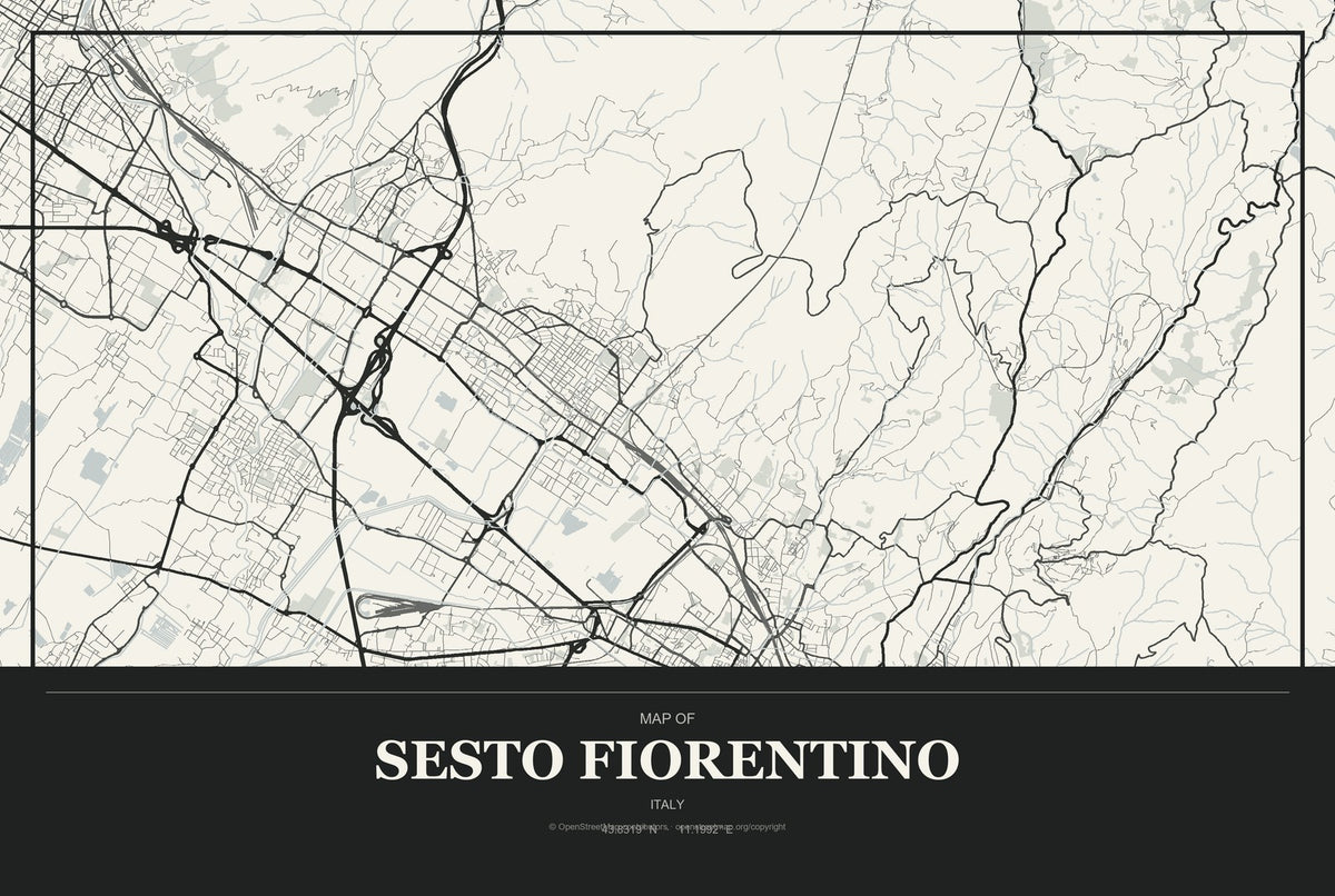 Sesto Fiorentino, Italy City Map Aluminum Sign in Museum Plaque style