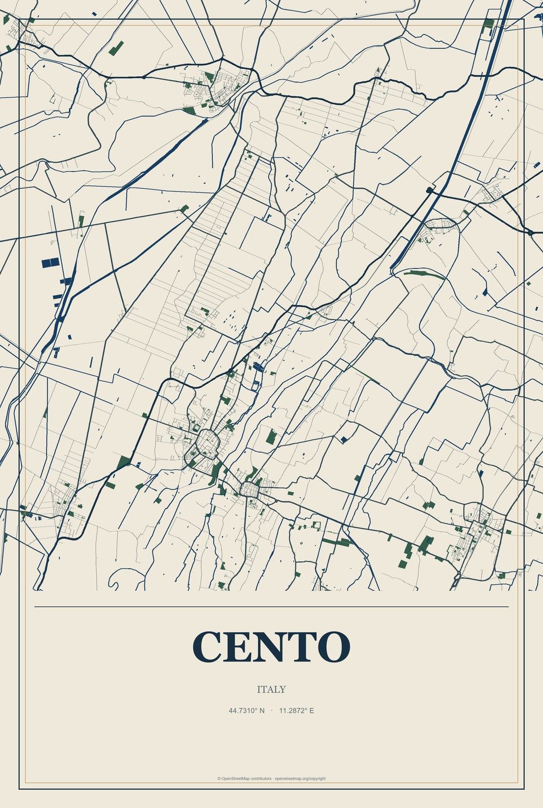 Cento, Italy City Map Aluminum Sign in Coastal Cutout style