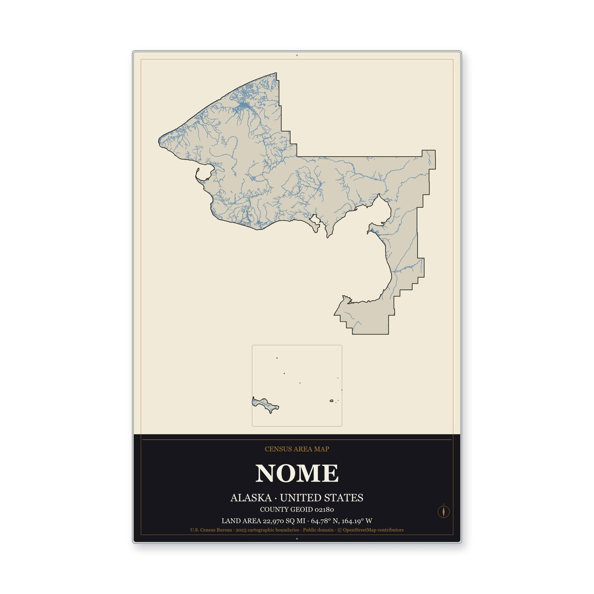 Nome Census Area, Alaska Map Aluminum Sign in Museum Plaque style