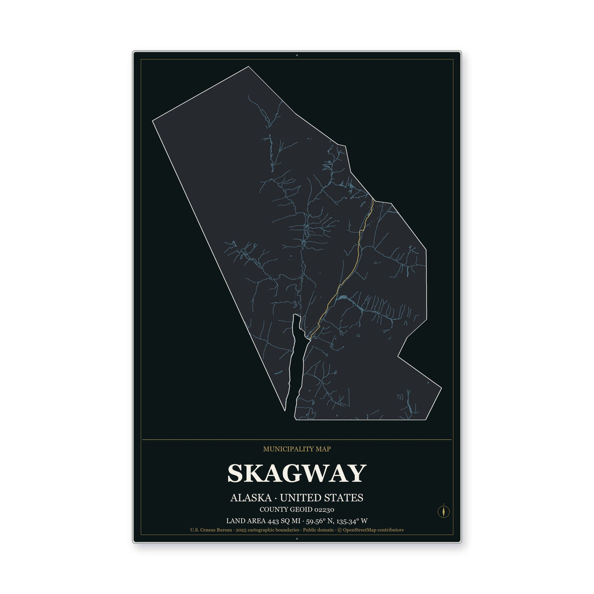 Skagway Municipality, Alaska Map Aluminum Sign in Metropolitan Noir style