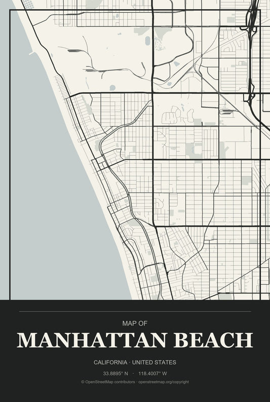 Manhattan Beach, California City Map Aluminum Sign in Museum Plaque style