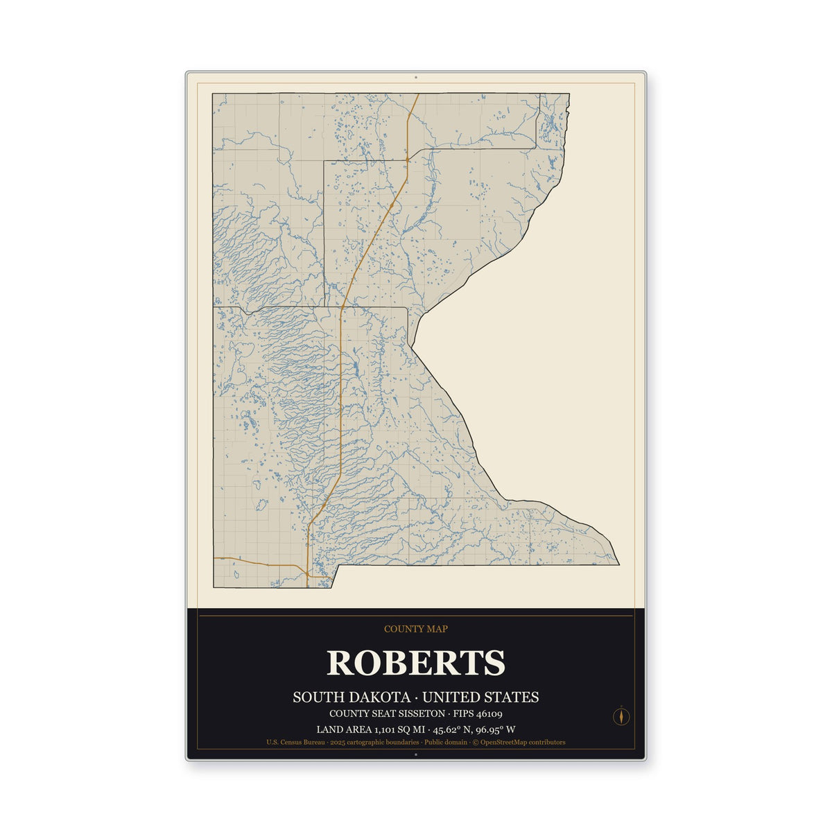 Roberts County, South Dakota Map Aluminum Sign in Museum Plaque style