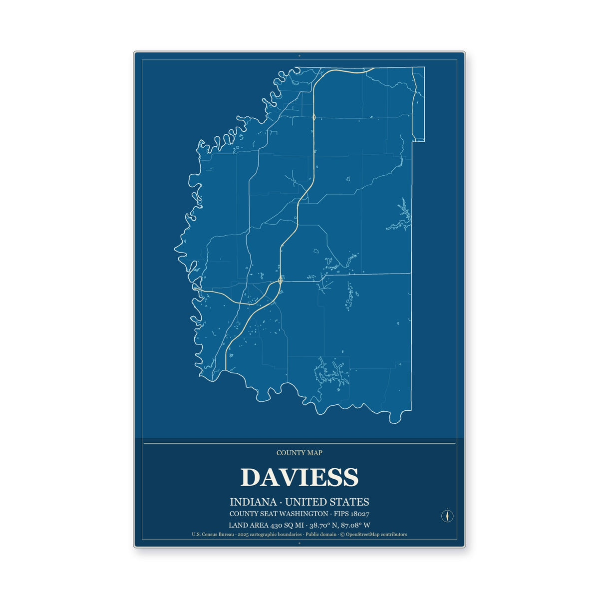 Daviess County, Indiana Map Aluminum Sign in Harbor Cobalt style