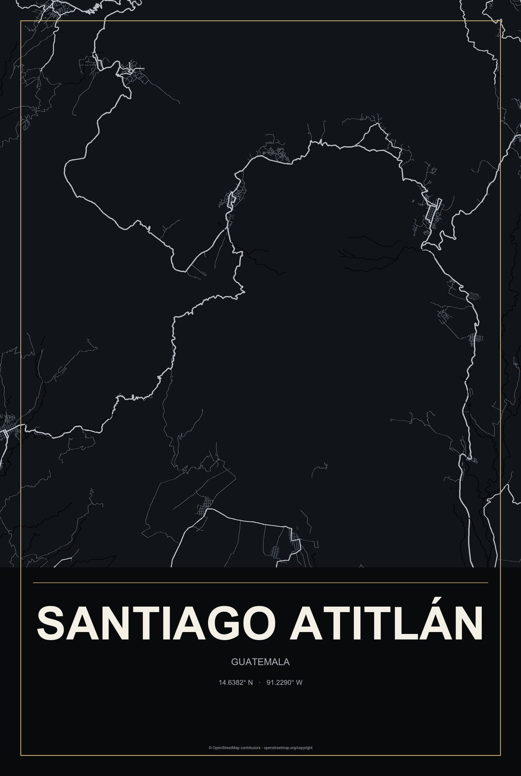 Santiago Atitlán, Guatemala City Map Aluminum Sign in Metropolitan Noir style