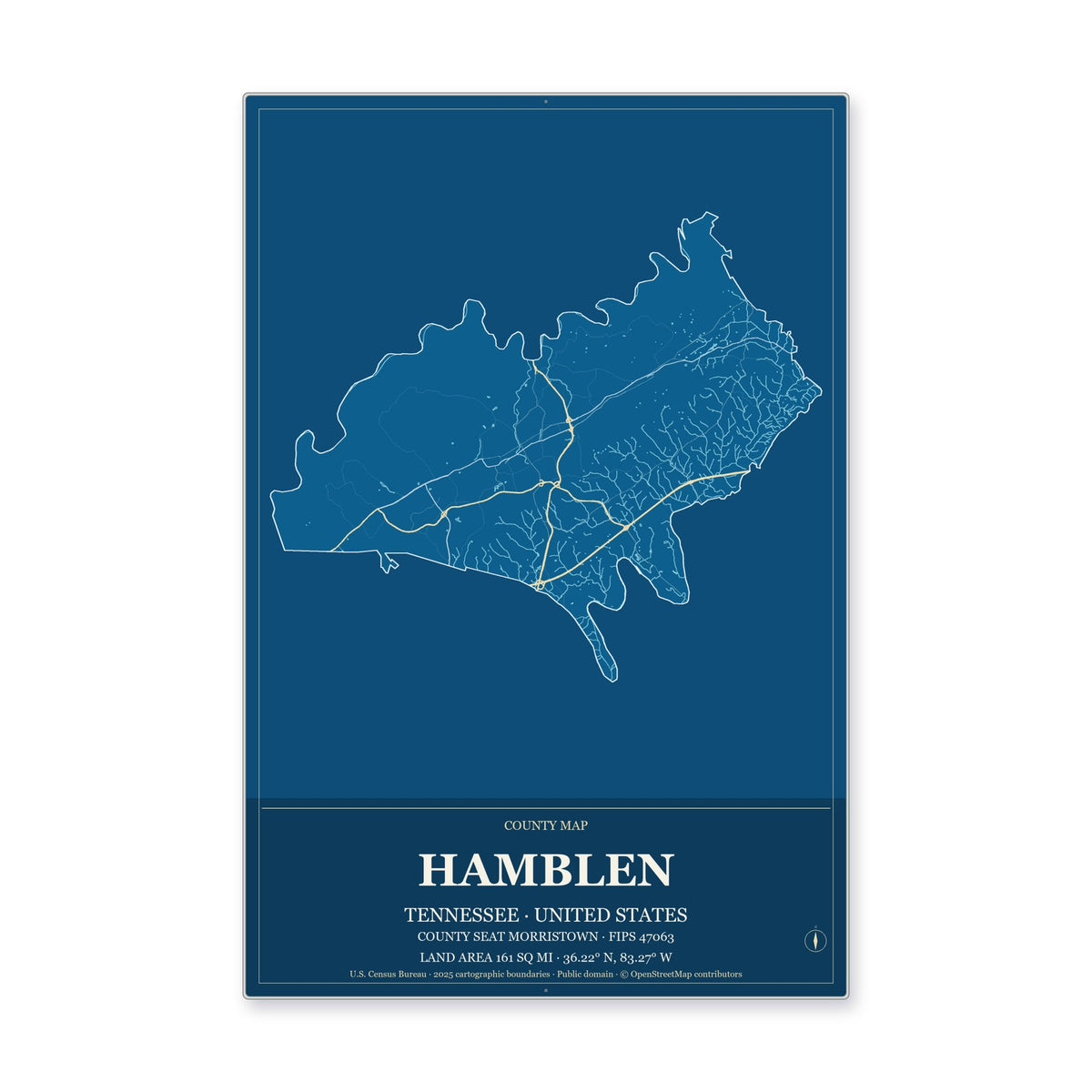 Hamblen County, Tennessee Map Aluminum Sign in Harbor Cobalt style