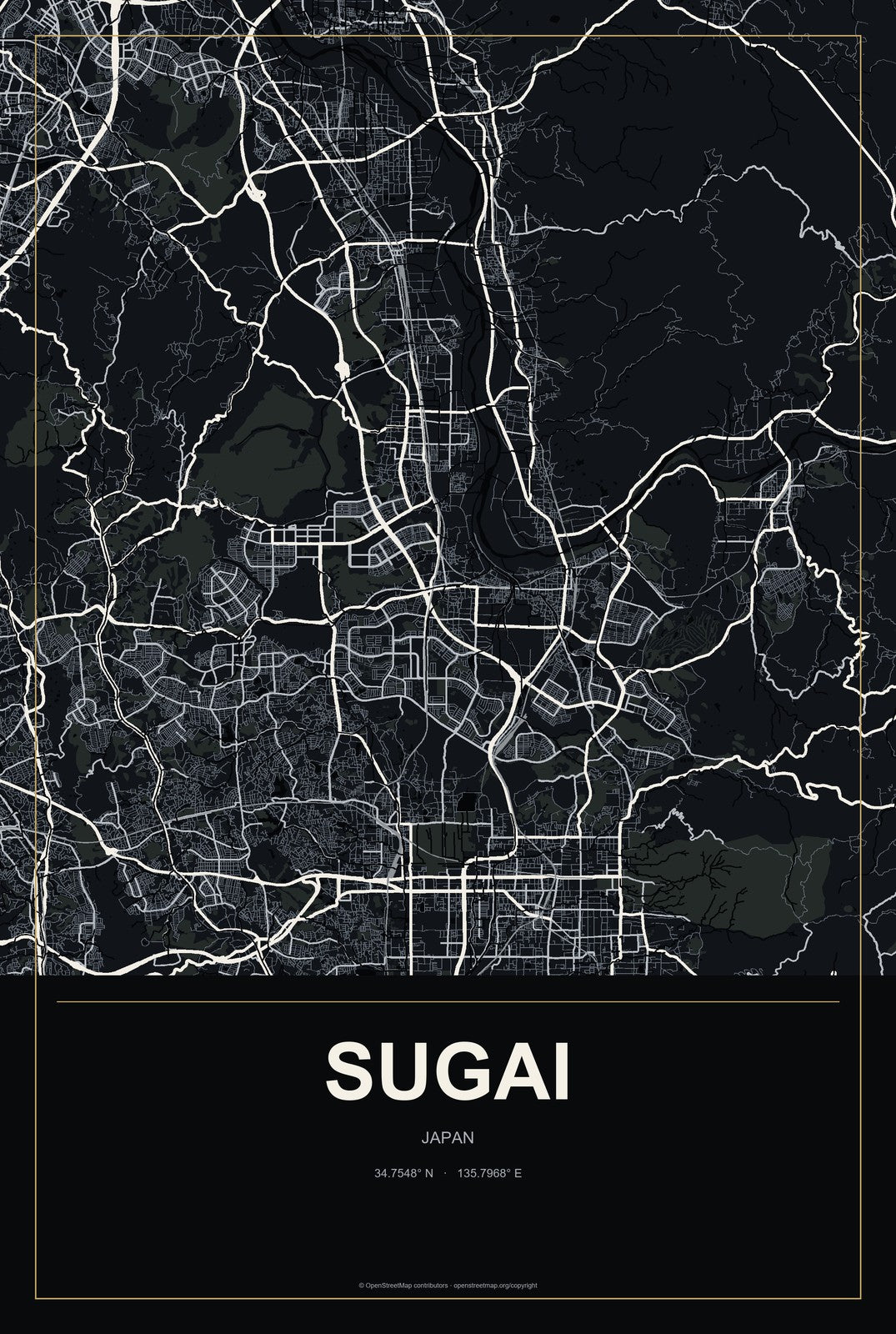 Sugai, Japan City Map Aluminum Sign in Metropolitan Noir style