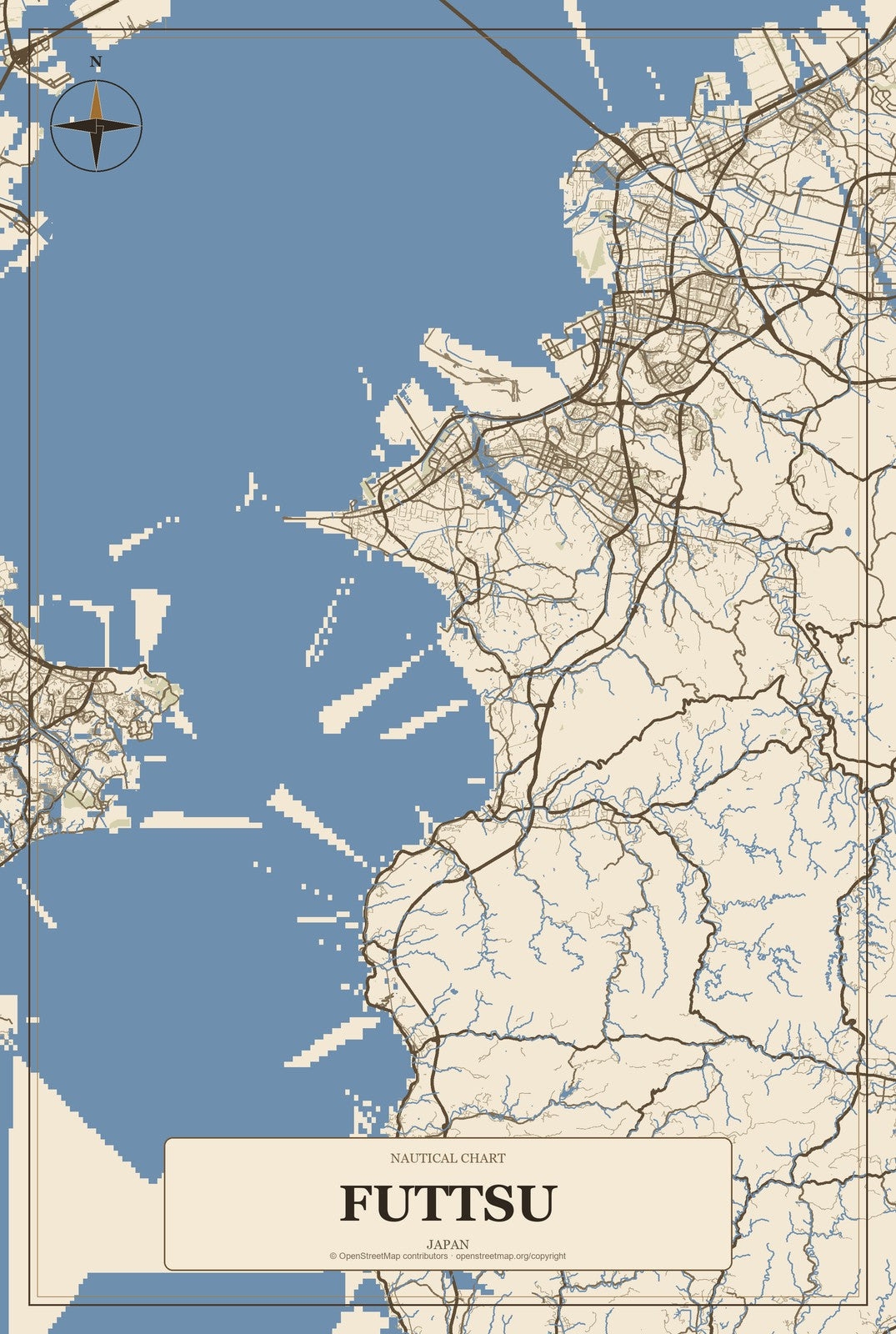 Futtsu, Japan City Map Aluminum Sign in Heritage Nautical style