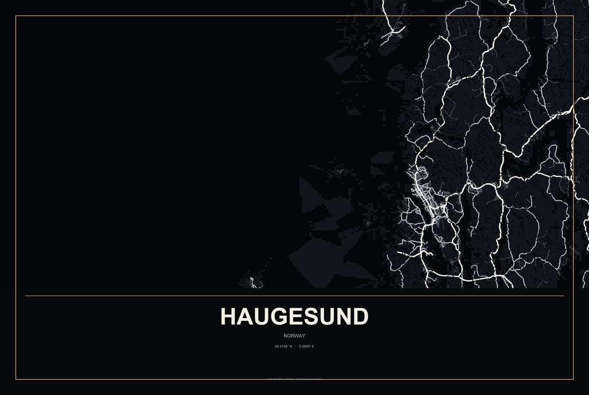Haugesund, Norway City Map Aluminum Sign in Metropolitan Noir style