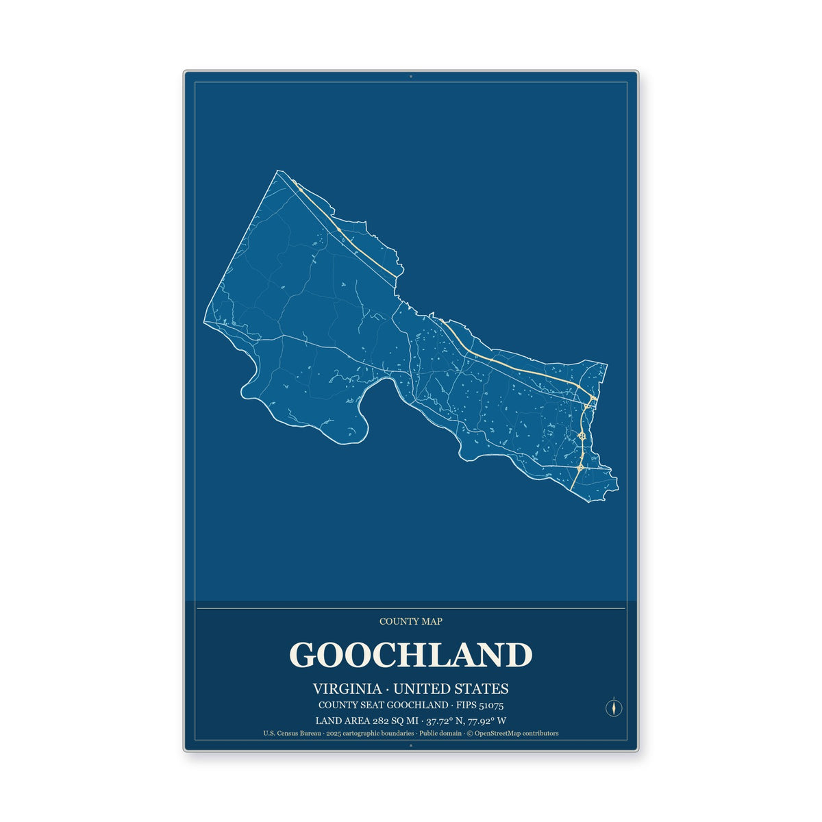 Goochland County, Virginia Map Aluminum Sign in Harbor Cobalt style